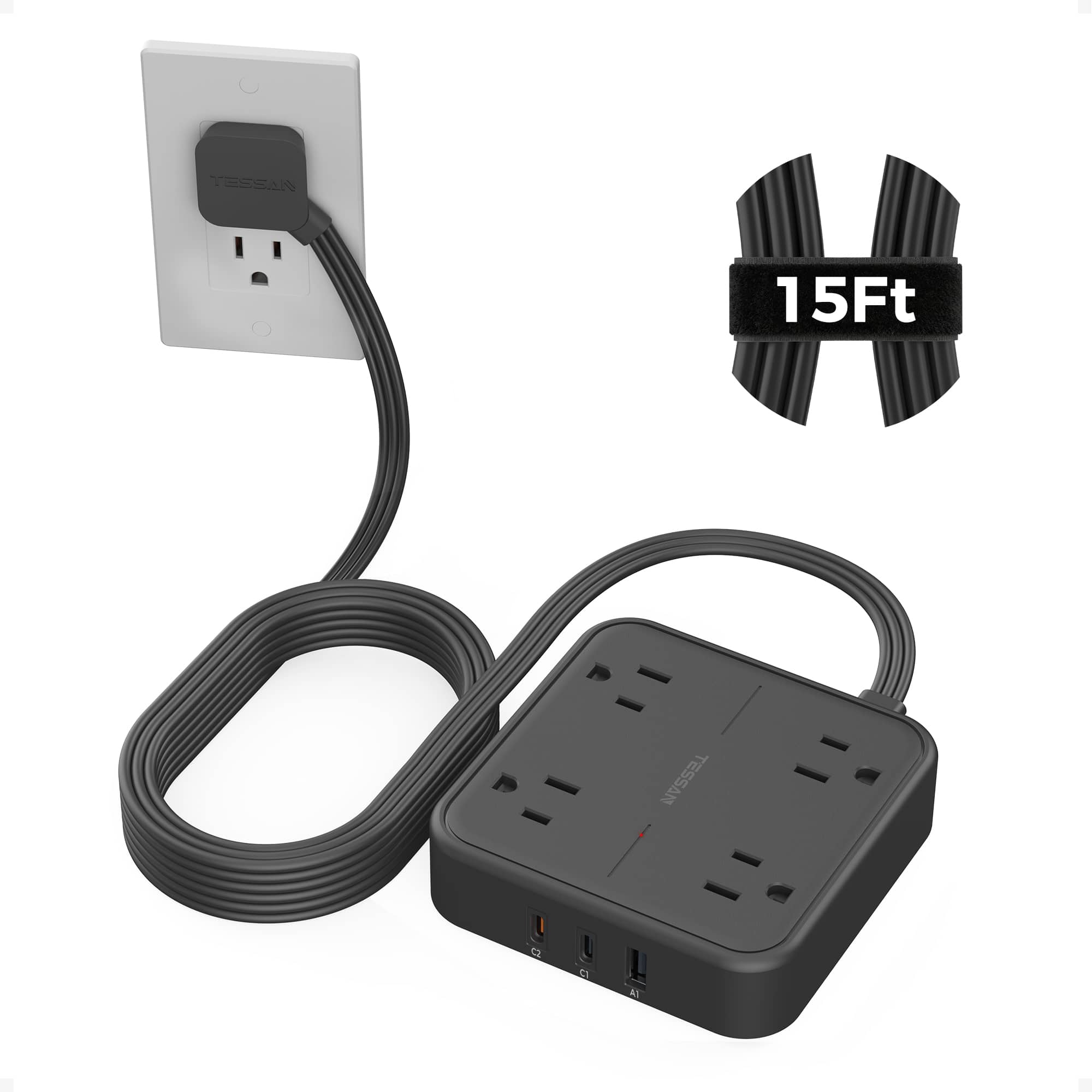 TESSAN - 15 Ft Power Strip Surge Protector 900J, Flat Plug Extension Cord with 4 Outlets and 3 USB Ports (2 USB-C) - Gray