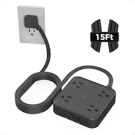 TESSAN - 15 Ft Power Strip Surge Protector 900J, Flat Plug Extension Cord with 4 Outlets and 3 USB Ports (2 USB-C) - Gray