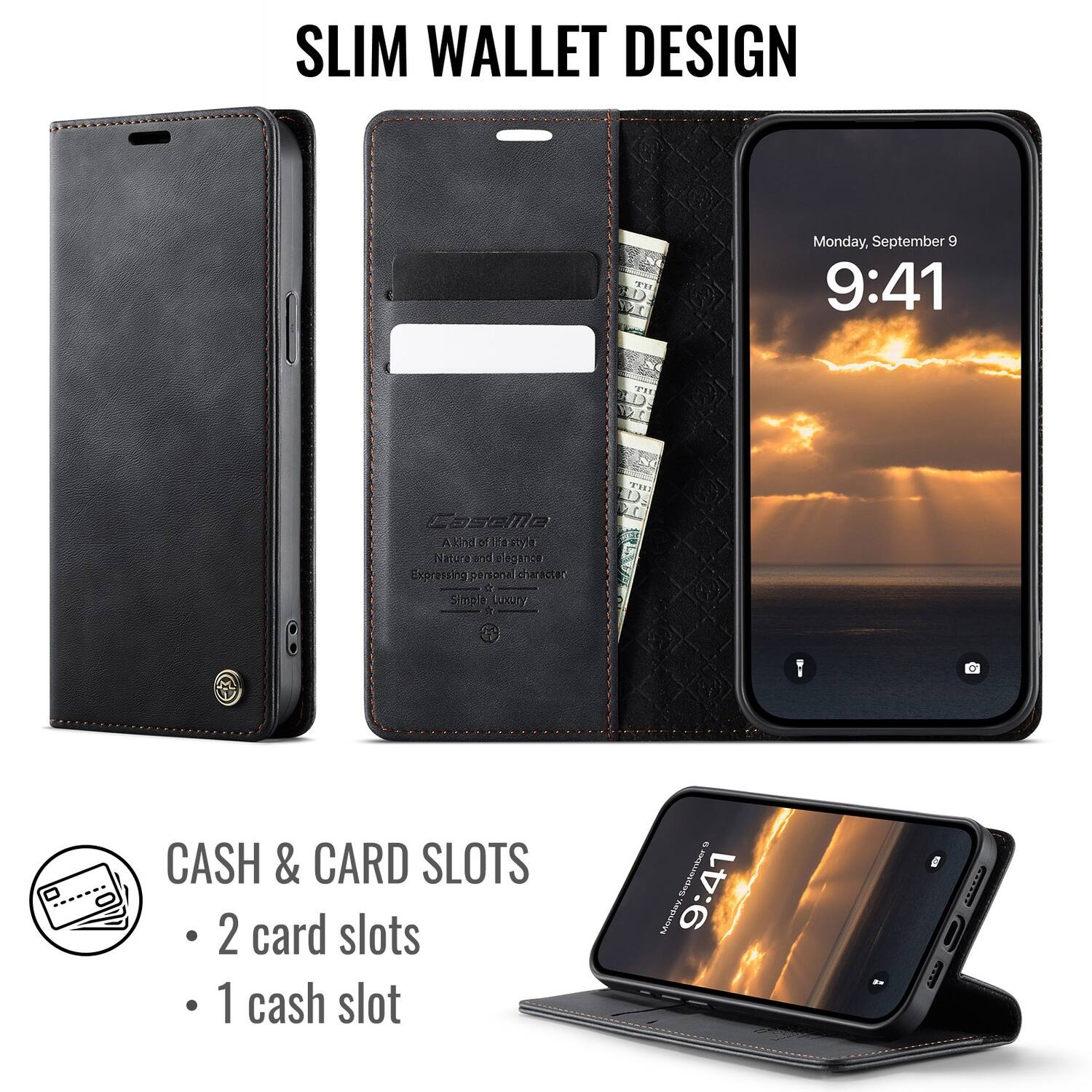 SLIM WALLET DESIGN

Monday, September 9  
9:41

Loselle Alddari fastyn Natora o alegance  
Expressing personal character  
C simpla Loor

CASH & CARD SLOTS  
- 2 card slots  
- 1 cash slot