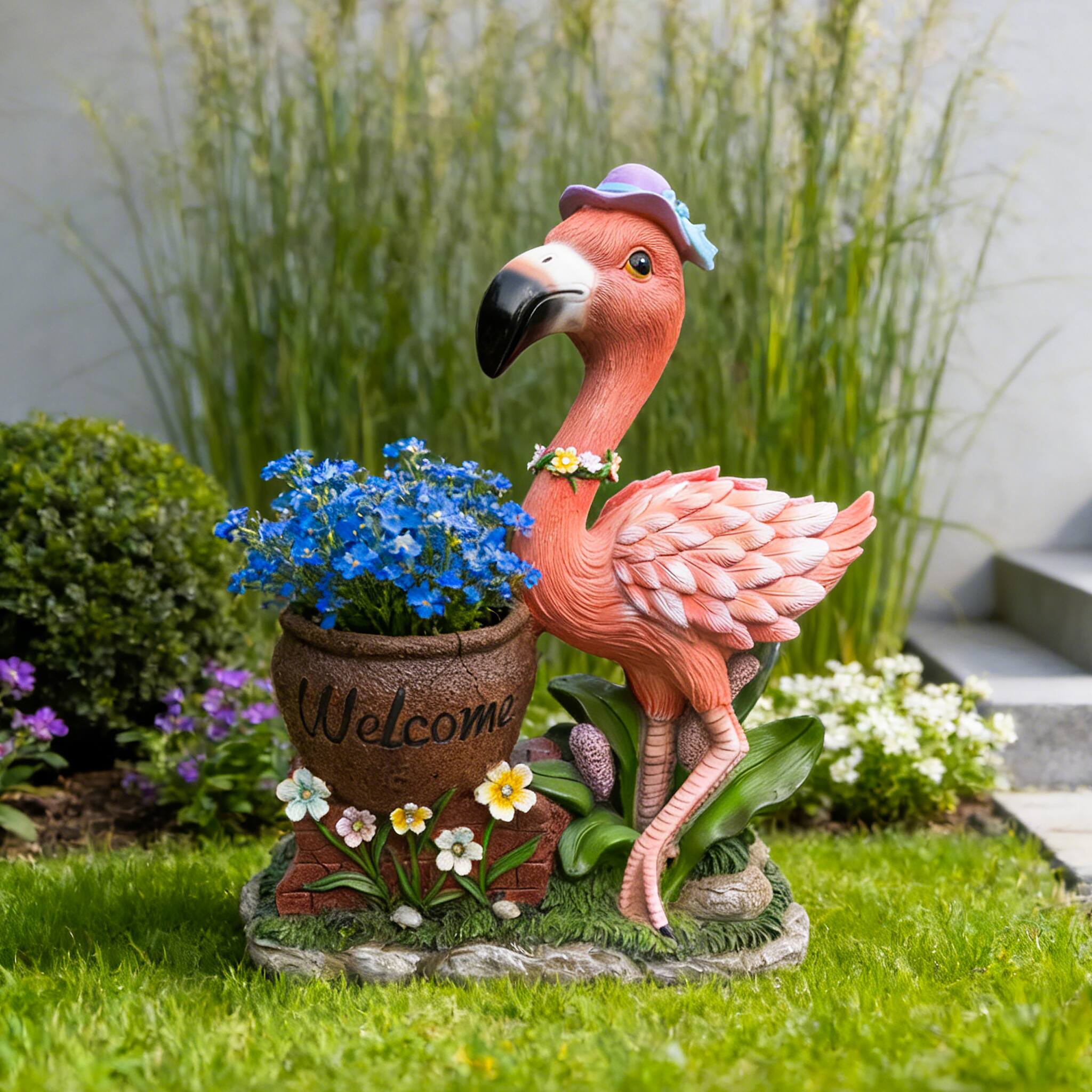 Left. Anysun - Outdoor Garden Sculpture Flamingo Flower Pot Planter – Unique Yard Statue Decoration, Lawn Ornament, Right Facing - Pink.