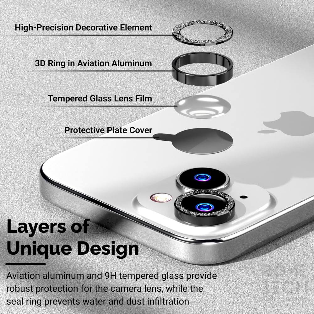 High-Precision Decorative Element  
3D Ring in Aviation Aluminum  
Tempered Glass Lens Film  
Protective Plate Cover  

Layers of Unique Design  

Aviation aluminum and 9H tempered glass provide robust protection for the camera lens, while the seal ring prevents water and dust infiltration.