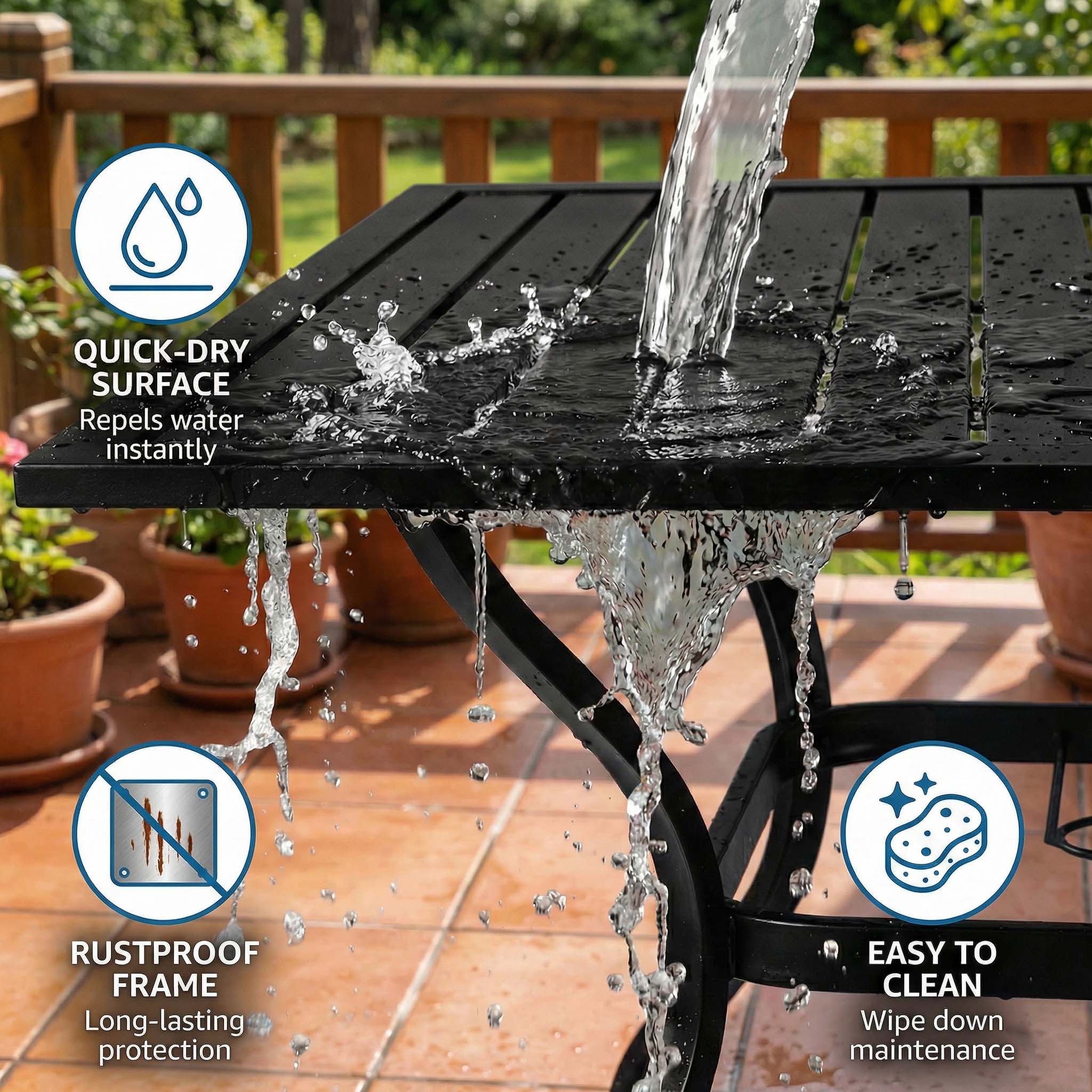 QUICK-DRY SURFACE  
Repels water instantly  

RUSTPROOF FRAME  
Long-lasting protection  

EASY TO CLEAN  
Wipe down maintenance