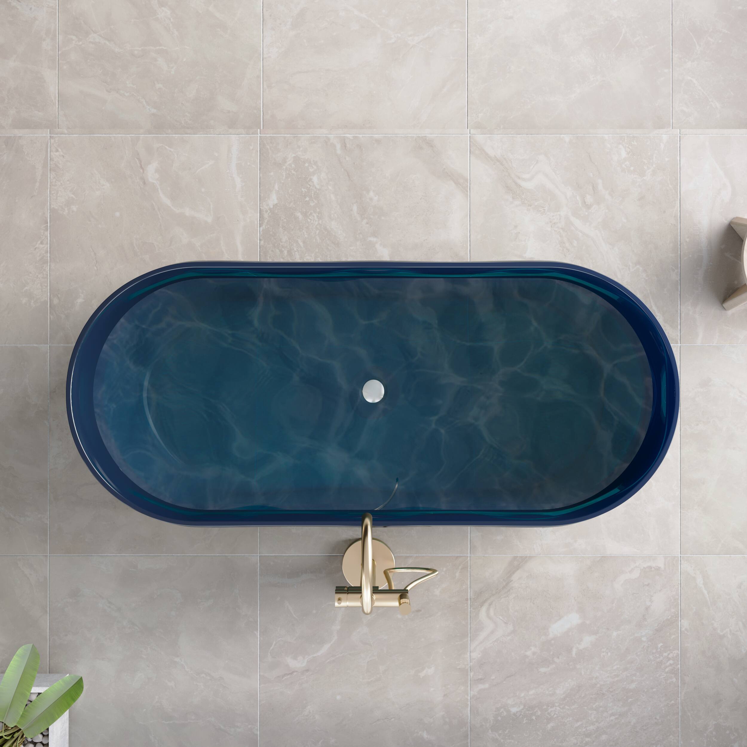 Left. WELLFOR - OLA 62 in x 27 in Resin Solid Surface Flatbottom Freestanding Soaking Bathtub with Center Drain - Flowing Blue.