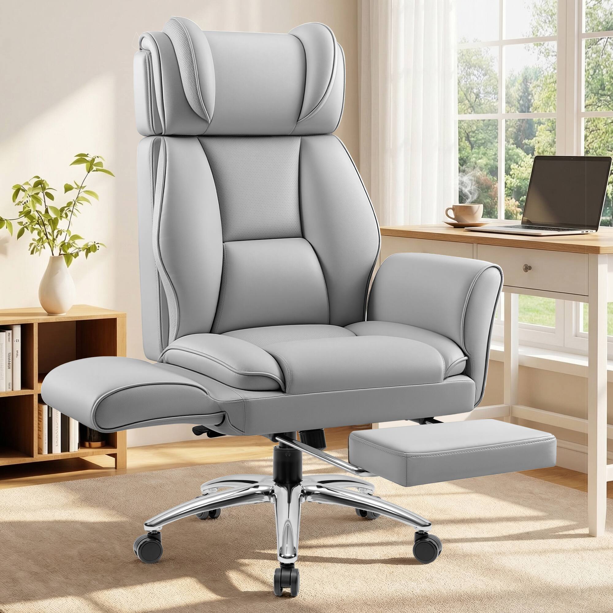 Alt View 6. KERDOM - High Back Ergonomic Office Chair with Flatable Armrest Cross Legged, PU Leather Executive Chair with Footrest Wide Seat - Grey.