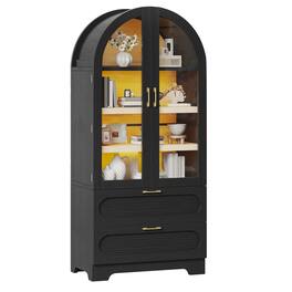 Bestier - 71 Inch Arched Kitchen Pantry Cabinet with LED Lights for Kitchen - Black Grained