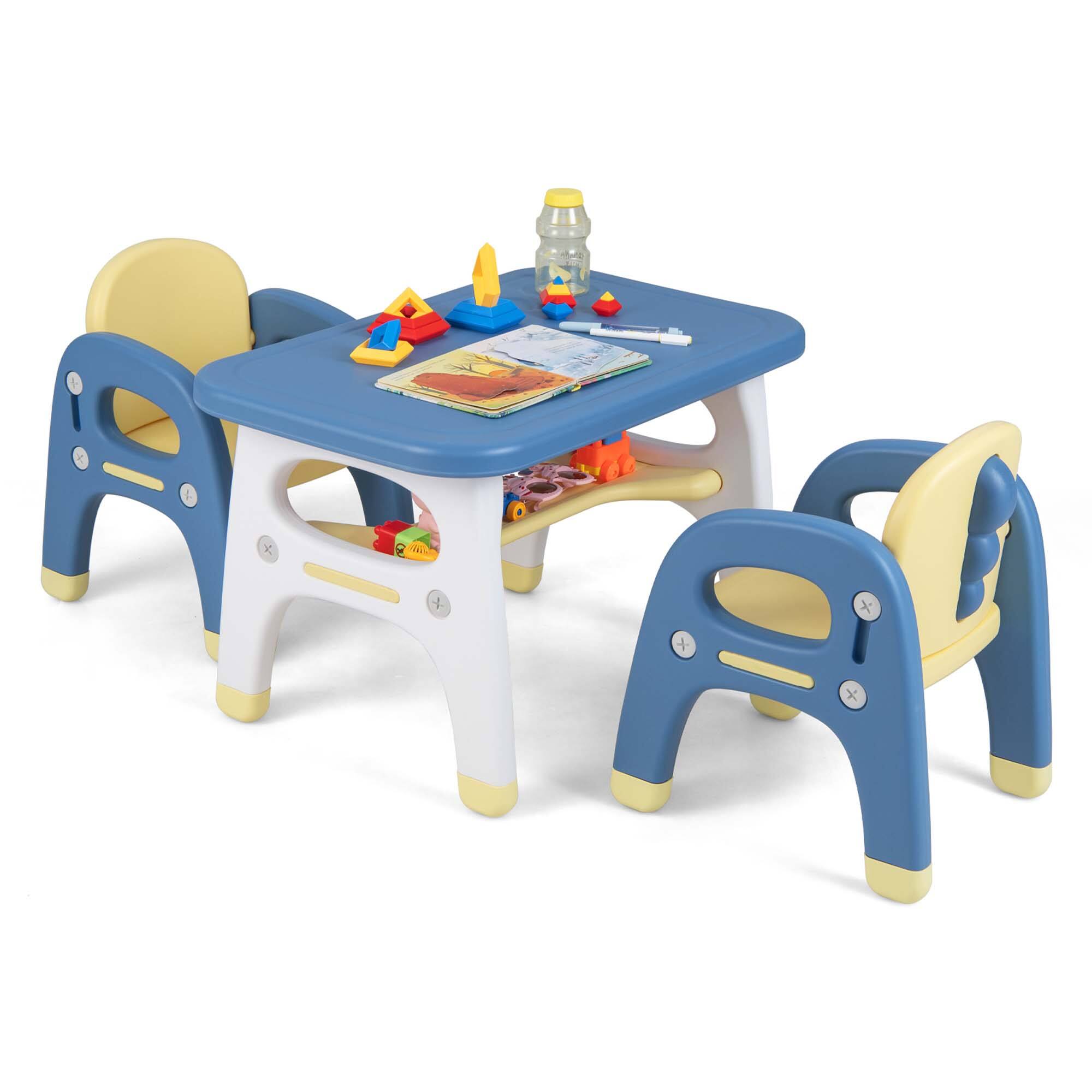 Costway - Kids Table and 2 Chairs Set Activity Art Desk with Storage Shelf & Building Blocks - Blue,Yellow