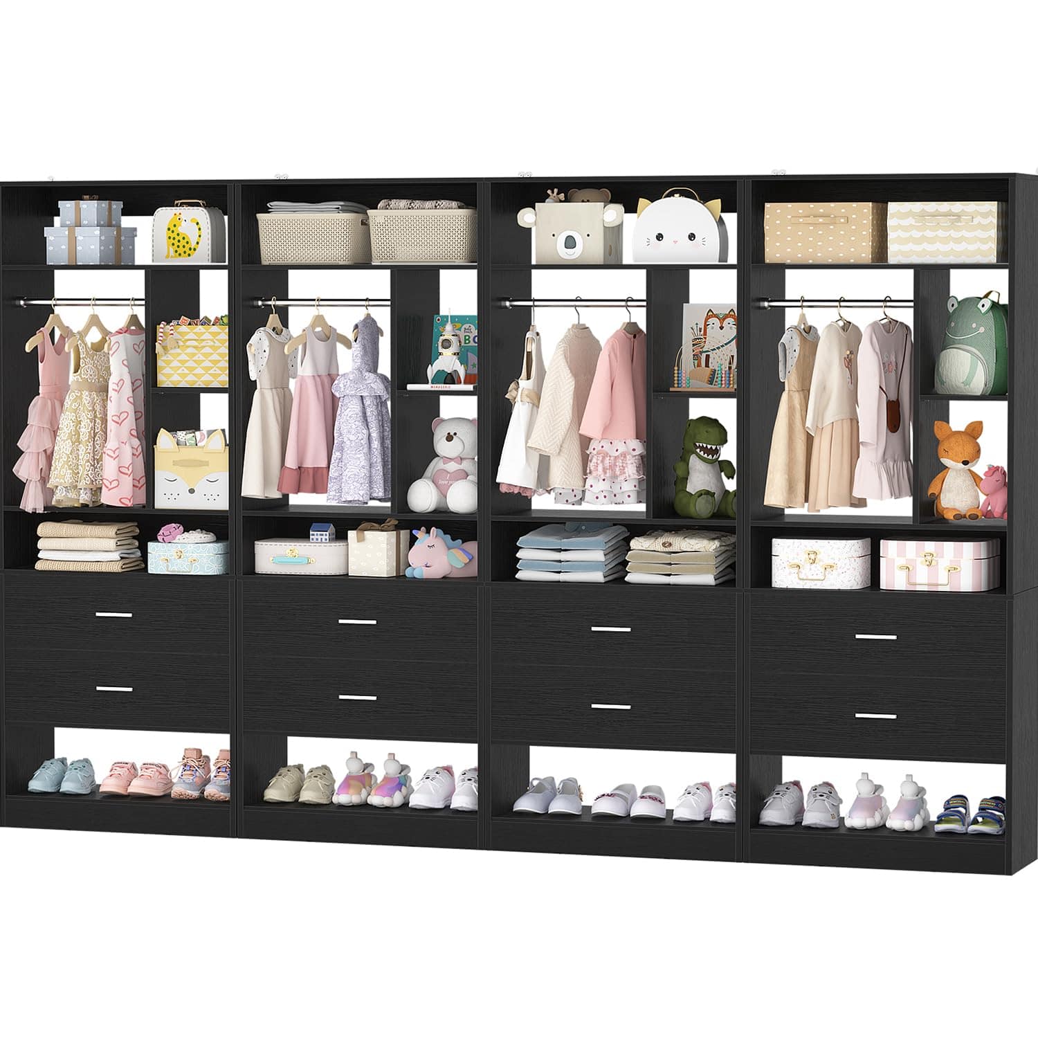 Aheaplus - 96" Walk-in Closet Organizer 4pc Set - 8 Wood Drawers, 20+ Shelves, 2 Hanging Rods (96"L x 15"W x 80"H) - Black