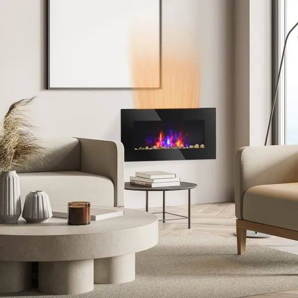 Front. AOSTIRMOTOR - Black 28.5 in 1450W Electric Wall-Mounted Fireplace with Flame Effect for Indoor.