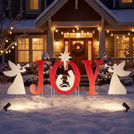 Costway - 5 PCS JOY Nativity Christmas Yard Sign Set with Angels, Holy Family Silhouette - Red & White