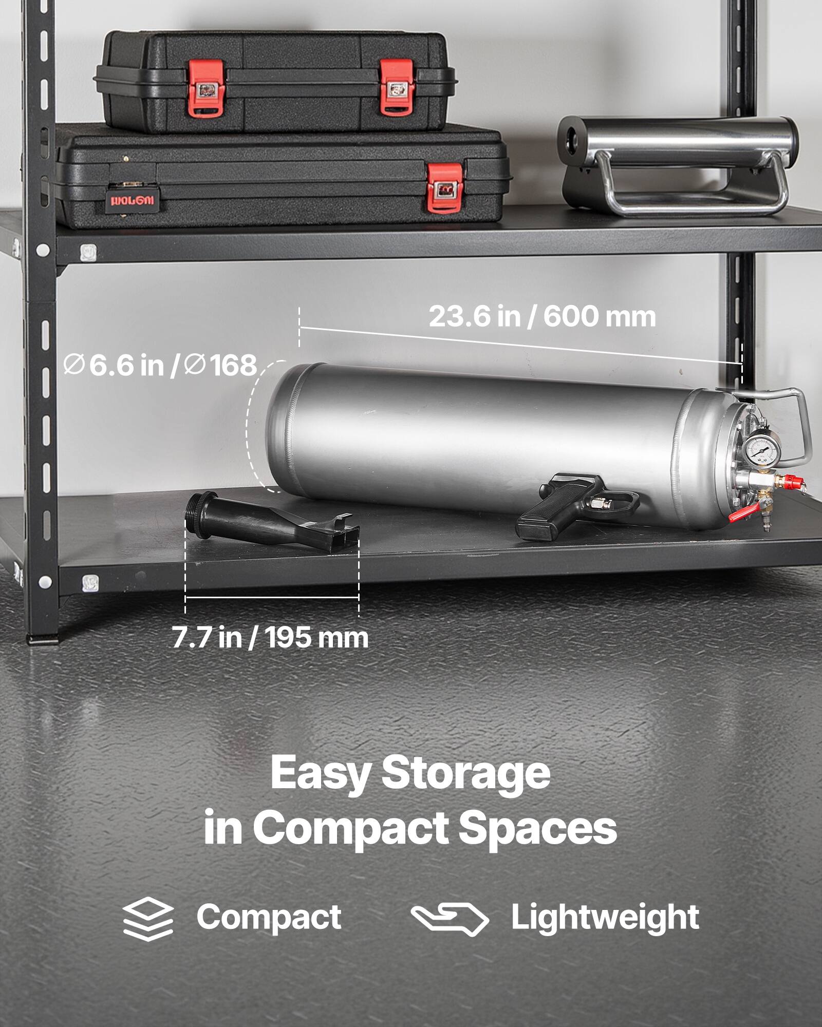 WOLG 6.6 in / 168 mm  
23.6 in / 600 mm  
7.7 in / 195 mm  
Easy Storage in Compact Spaces  
Compact Lightweight