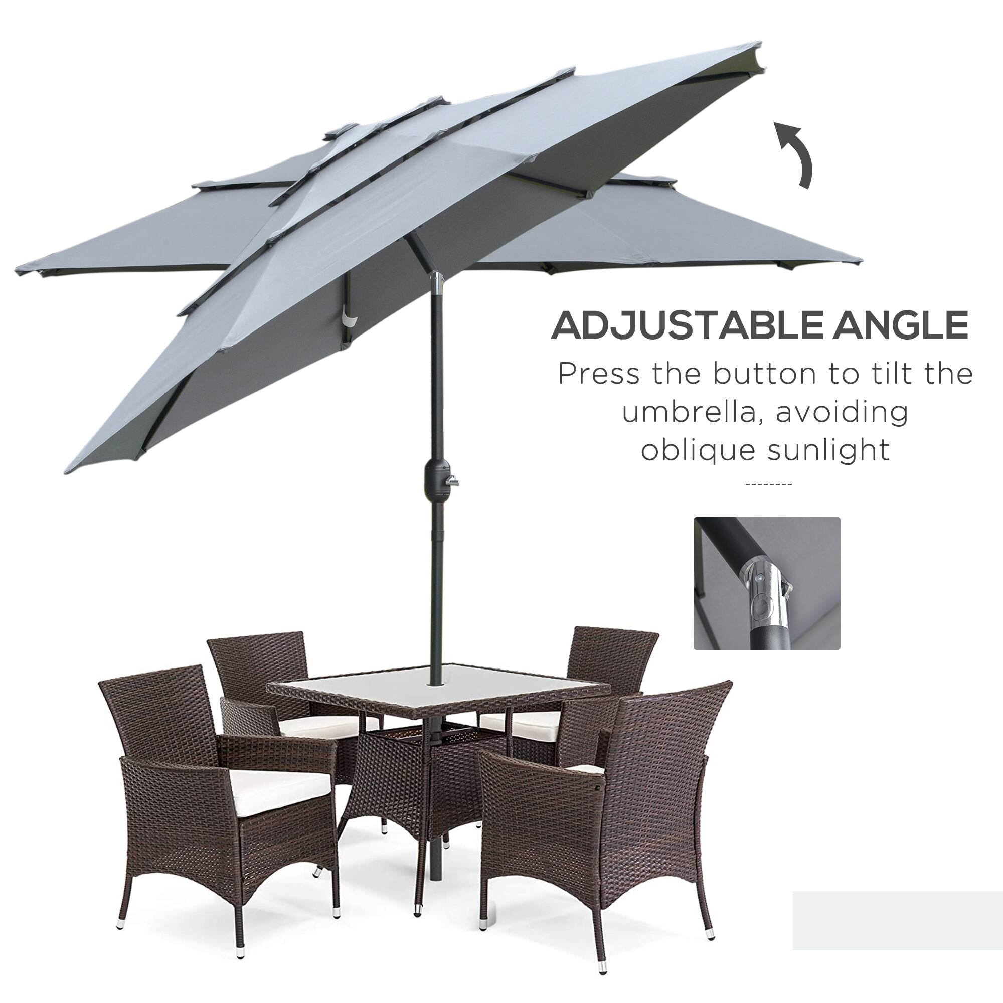 ADJUSTABLE ANGLE
Press the button to tilt the umbrella, avoiding oblique sunlight