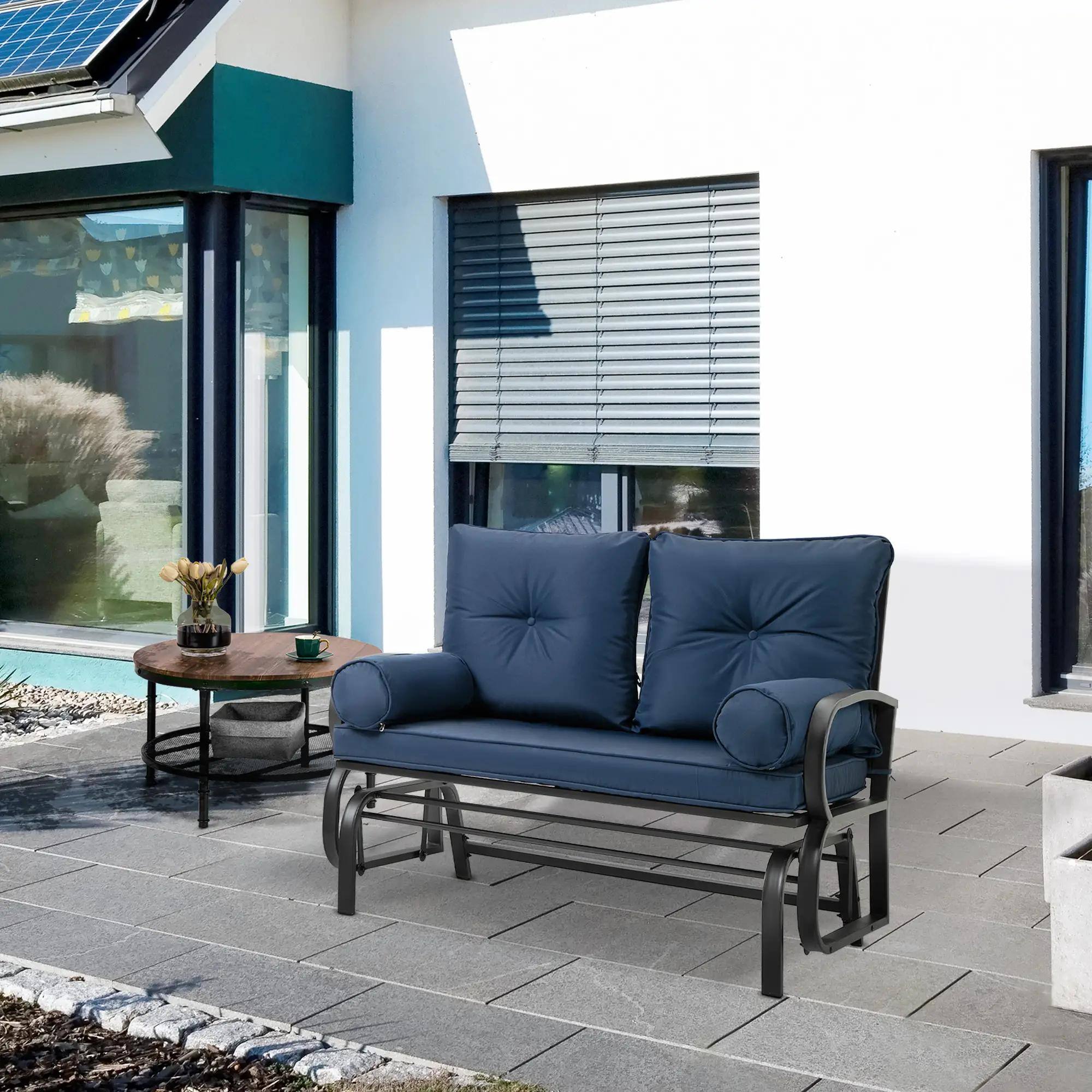 Left. Resenkos - Resenkos Swing Glider Chair, Double Bench Set, 2-Person Outdoor Loveseat, Steel Frame, Comfortable Cushions, Blue - Blue.