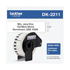 brother
at your side
DK-2211
Mrs. Jane Doe
123 Main Street
Hometown, USA 12345
1.1"
Medium Width
Continuous Film Labels
50'
For use with Brother QL Series Label Printer