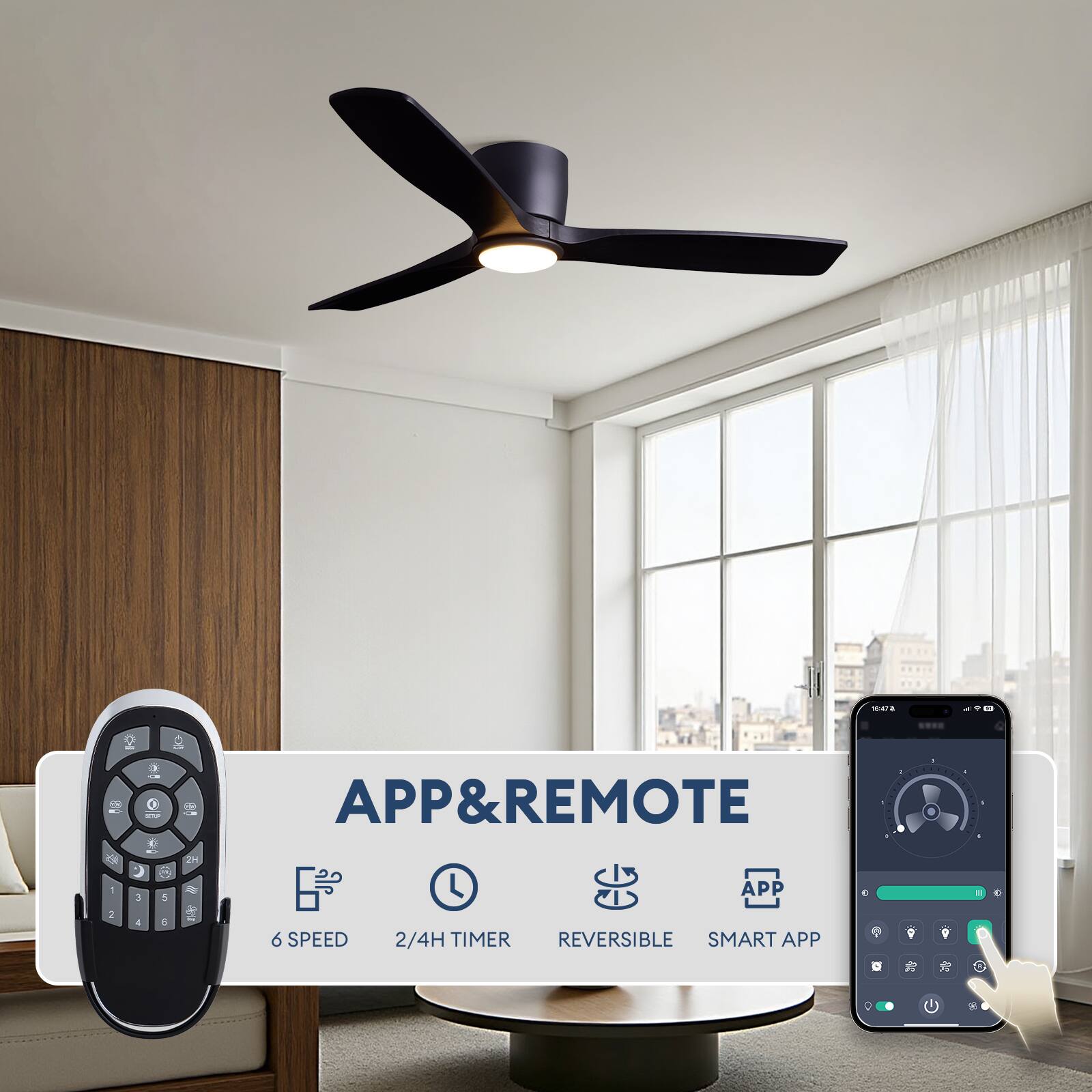 10:47a

APP&REMOTE
APP
2
4
6
6 SPEED
2/4H TIMER REVERSIBLE SMART APP