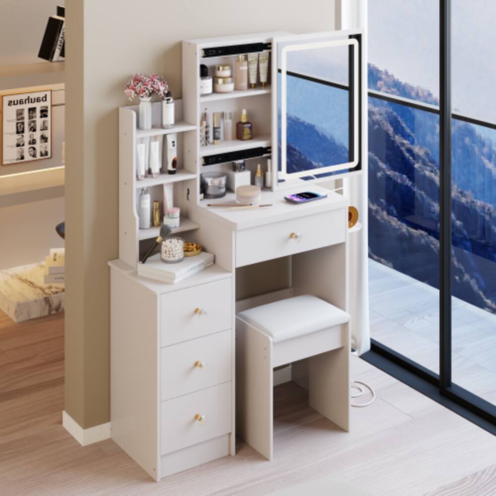 Angle. LUCKY ONE - 29.2in Small Vanity Set with Touch Control LED Sliding Mirror, 2AC+USB+TypeC, Hair Dryer Stand and Stool - White.