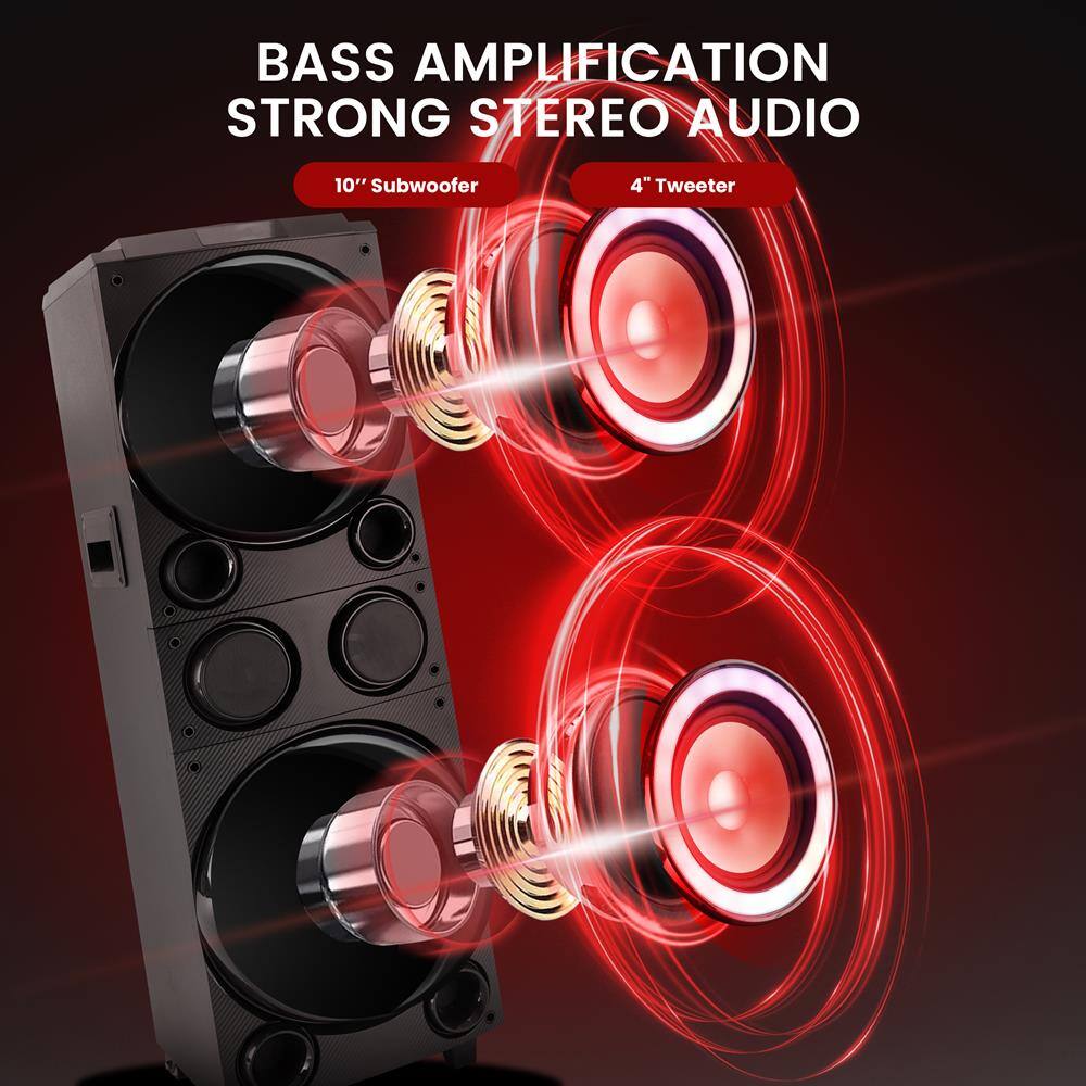 BASS AMPLIFICATION  
STRONG STEREO AUDIO  

10" Subwoofer  
4" Tweeter