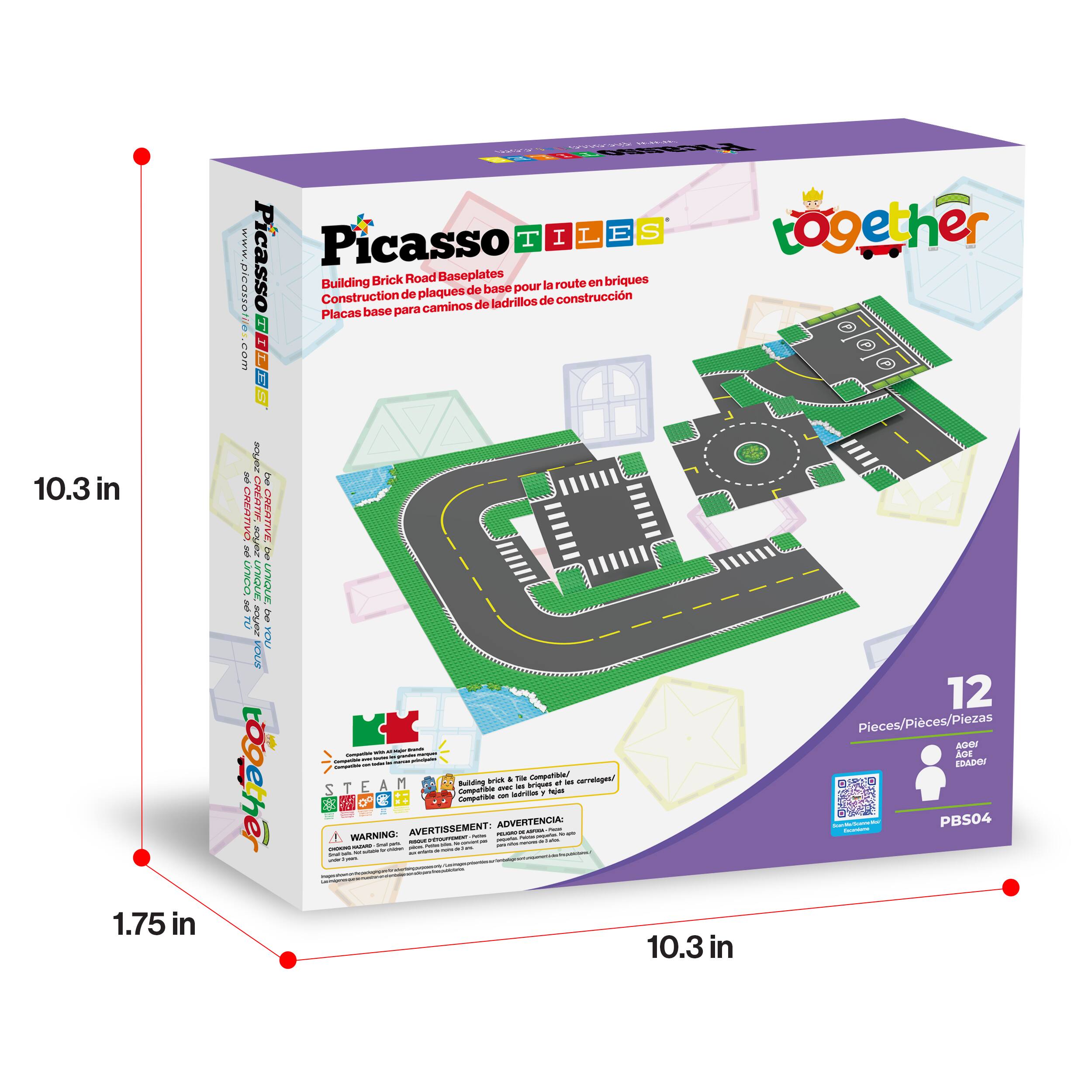 Picasso Tiles  
Building Brick Road Baseplates  
Construction de plaques de base pour la route en briques  
Placas base para caminos de ladrillos de construcción  

www.picassotiles.com  

10.3 in  
1.75 in  

12 Pieces/Pieces/Piezas  

ADVERTENCIA: WARNING: AVERTISSEMENT:  

PBS04