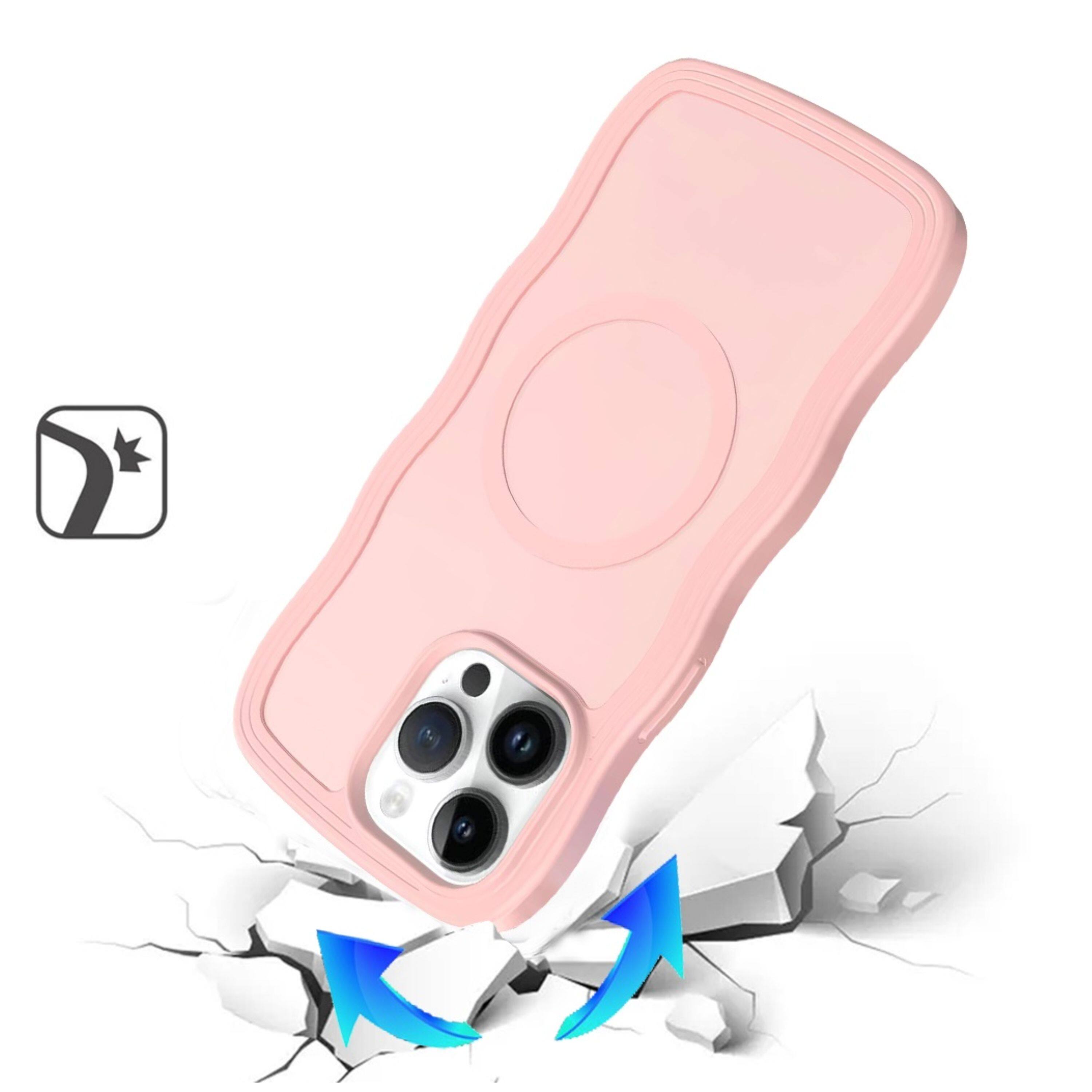 Angle. Kitcheniva - Wavy Side Grip Magnetic Circle Phone Case With 2 Pcs Tempered Glass For iPhone 15 Pro Max Pink - Pink.