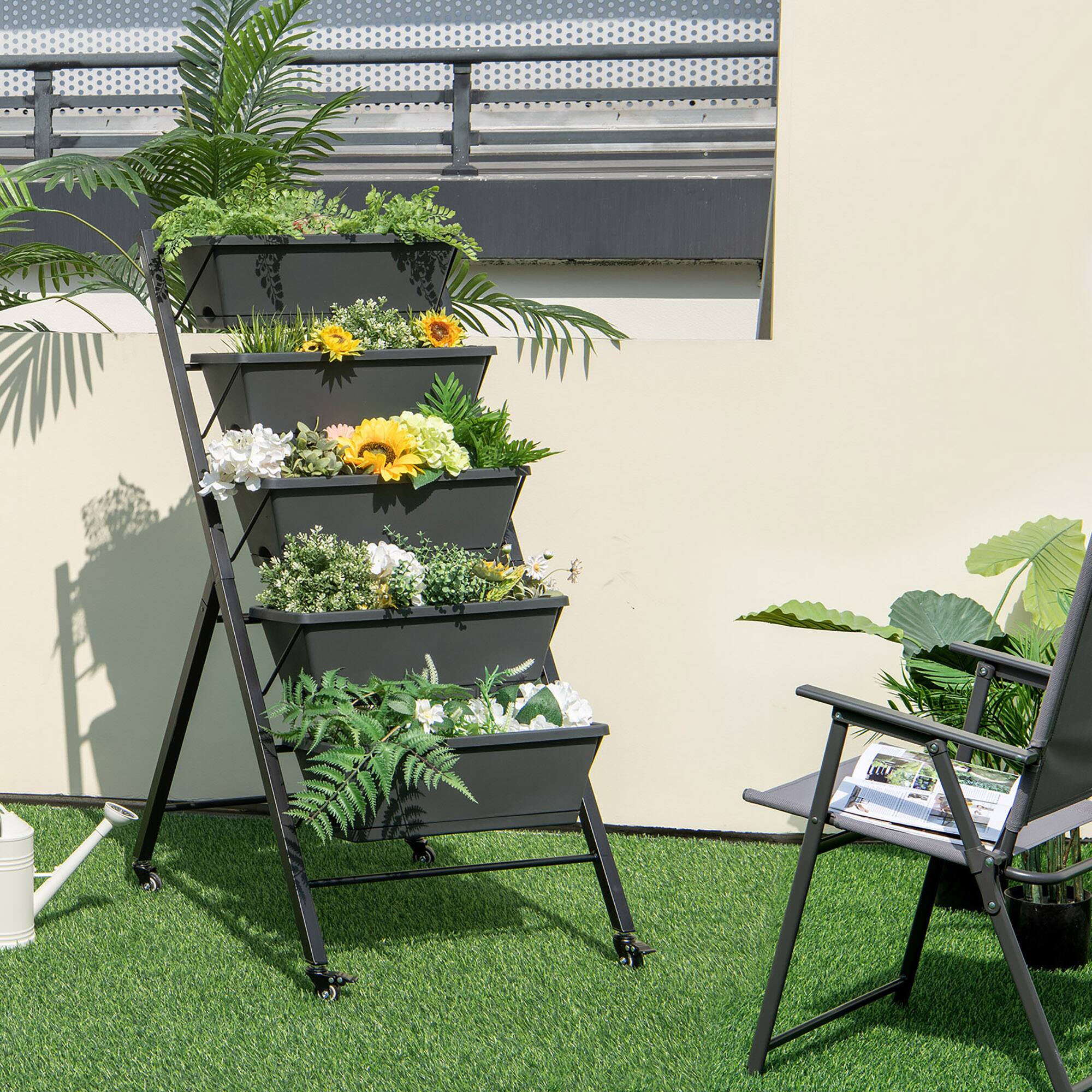 Alt View 3. Costway - 5-Tier Vertical Raised Garden Bed Elevated Planter with Wheels & Container Boxes - Gray.