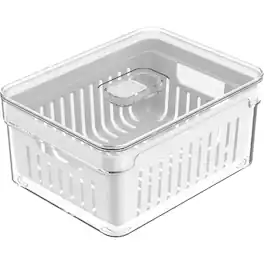 OU - Fridge Organizer Bin with Drain Basket & Vented Lid, 2.3 qt Refrigerator Storage Container - Clear
