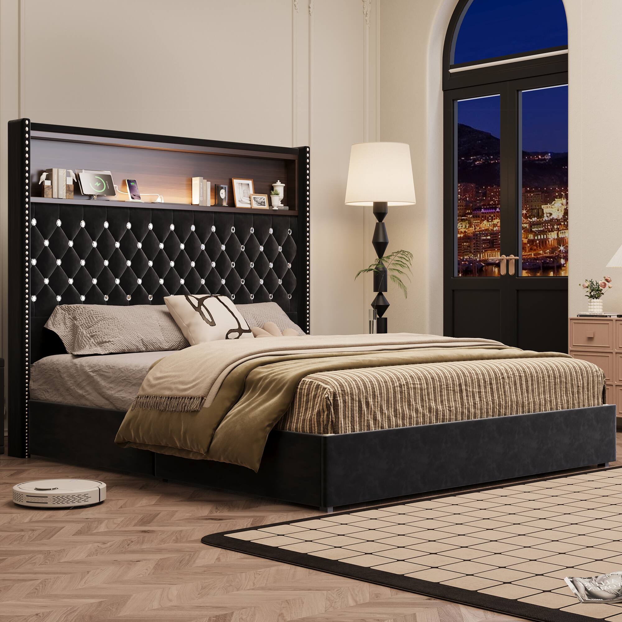 Left. GOODSILO - Luxurious Queen Size Velvet Tufted Bed Frame with USB Port and Night Light, High Headboard Platform Bed - Black.
