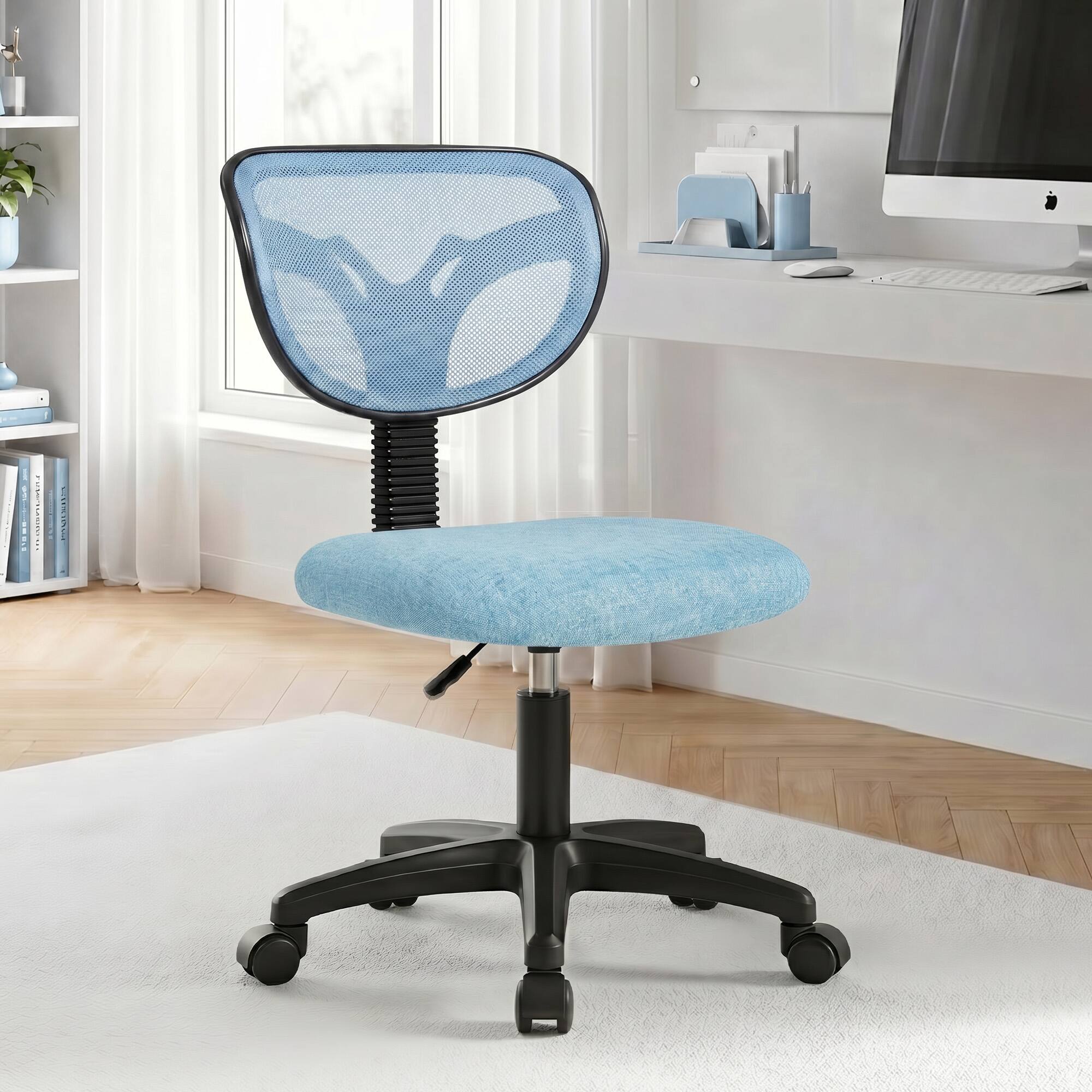Back. Celtoss - Small Desk Chair, Armless Home Office Chair with Padded Seat, Swivel Ergonomic Computer Chair with Adjustable Height - Blue.