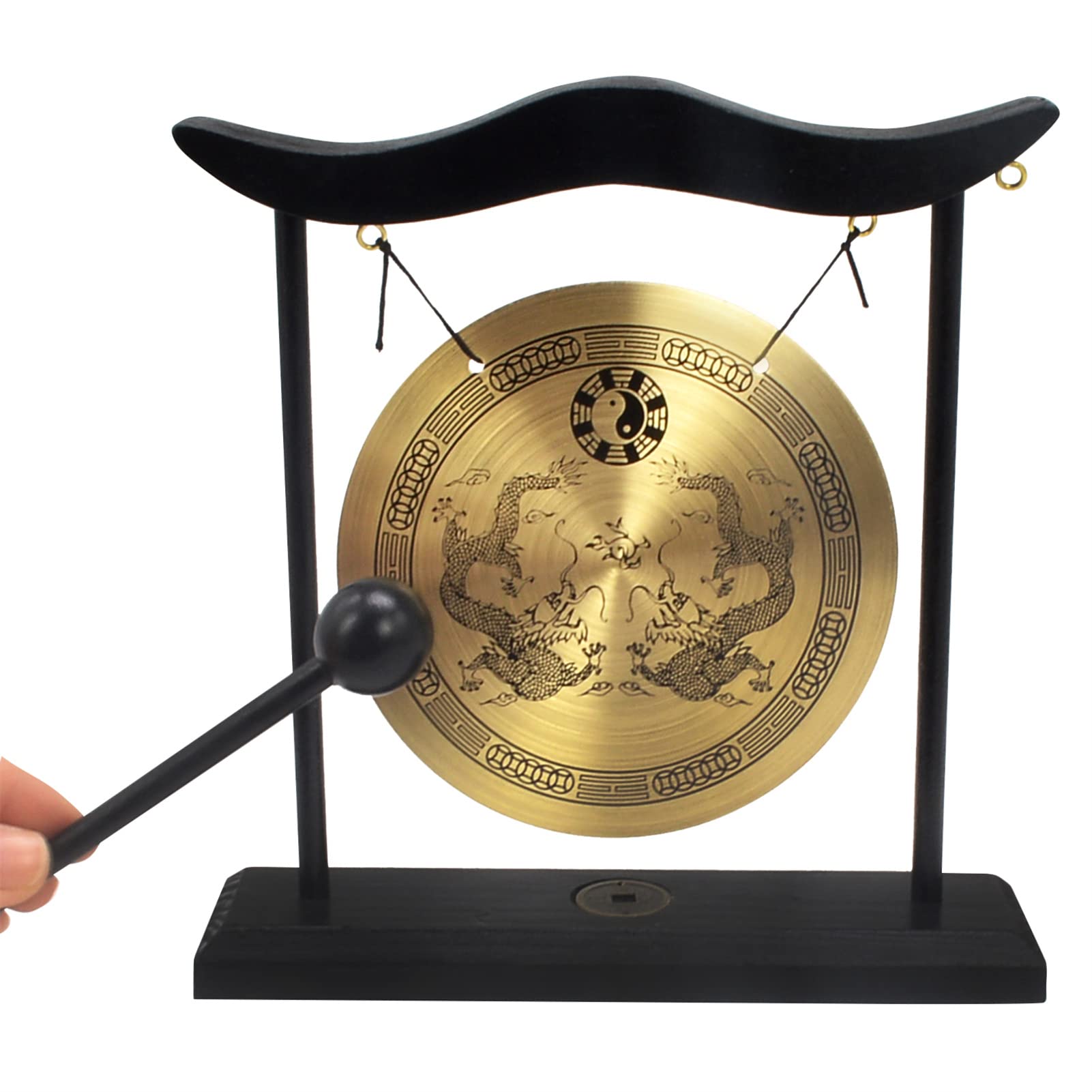 Alt View 6. Refined Abode Design - Tai Chi Double Dragon Brass Desk Gong 19cm – Meditation Sound Therapy with Coins Base - Fh1306.