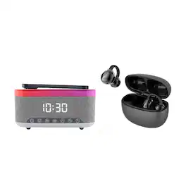 Pursonic - Complete Wireless Audio & Charging Bundle – Alarm Clock Radio Speaker with Wireless Charger + Earbuds