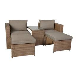 Emma + Oliver - Anela Indoor/Outdoor Modular Loveseat Sofa Set with Ottomans and Glass-Top Table - Gray Fabric/Natural Frame
