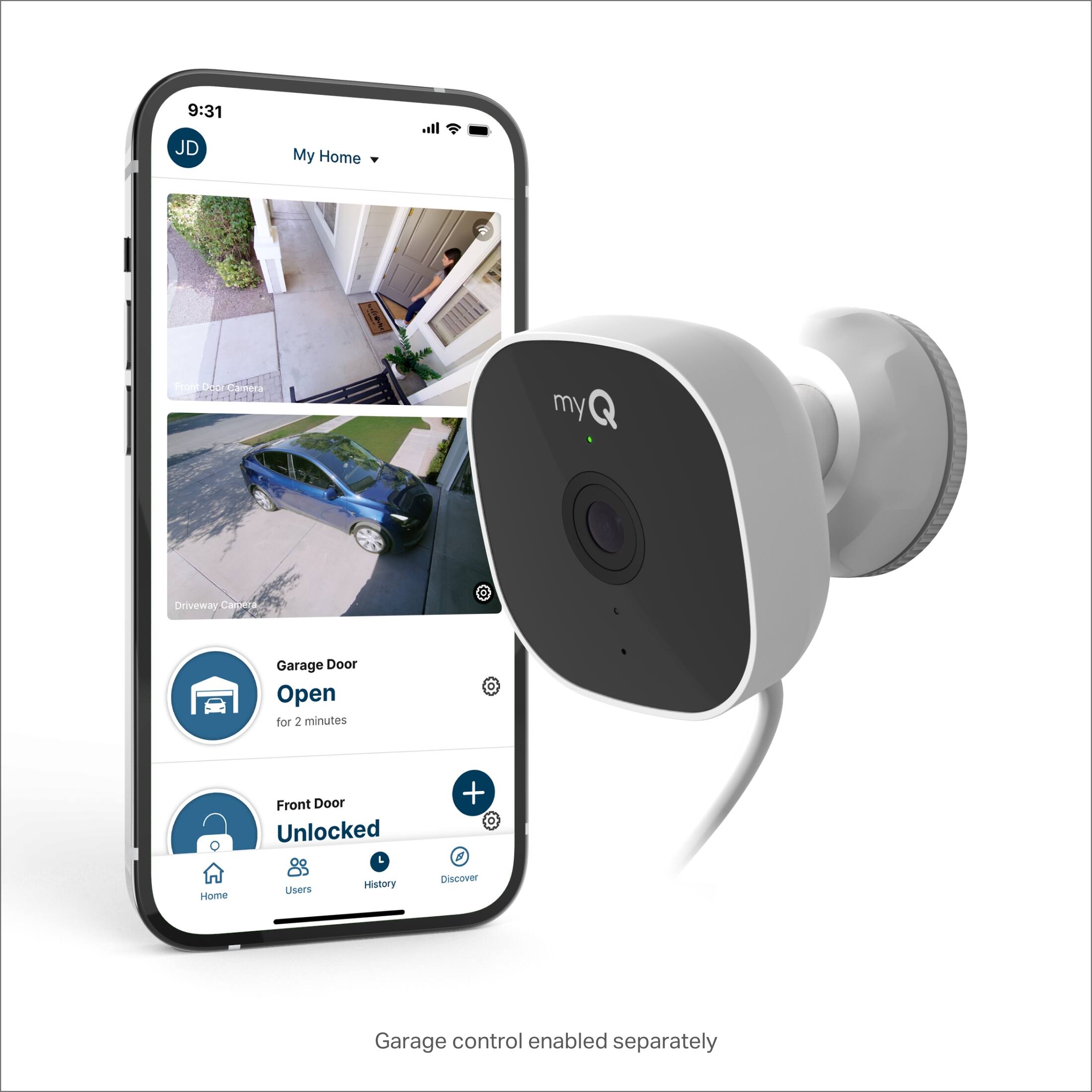 9:31 JD My Home atl SOrP D emera my Driveway Camera Garage Door Open for 2 minutes Home Front Door Unlocked 83 History Users + O S Discover Garage control enabled separately.