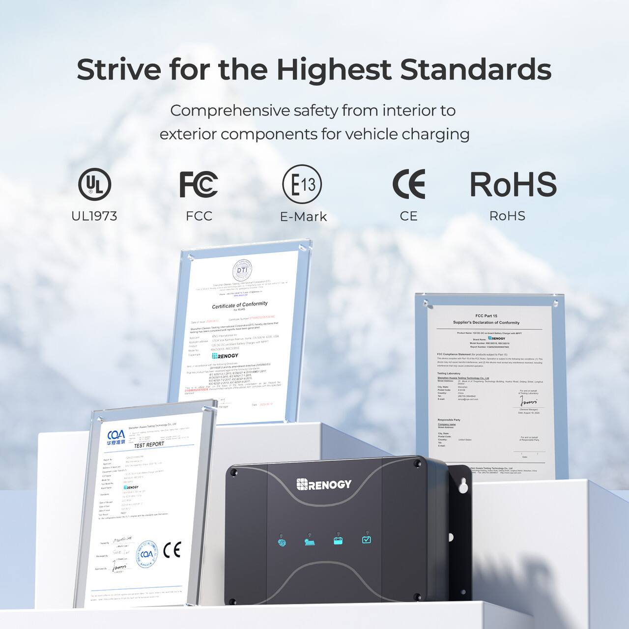 Strive for the Highest Standards Comprehensive safety from interior to exterior components for vehicle charging UL1973 FC FCC E13 E-Mark CE CE RoHS RoHS T Certificate f Conformity B -  Suputers Dectaration - Conformuity RENGOY Tu COA CO TEST REPORT RENOGY COA CE A.