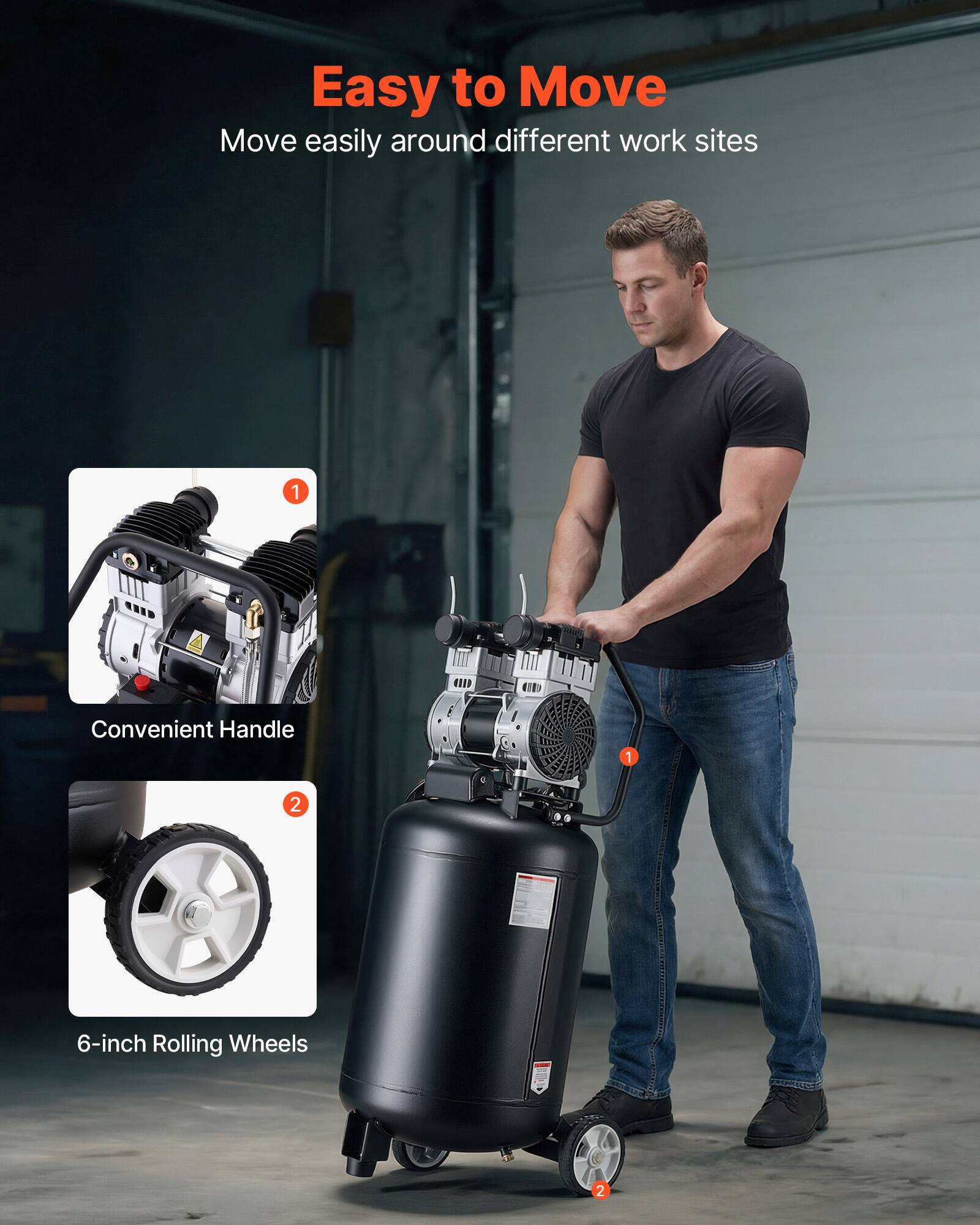 Easy to Move  
Move easily around different work sites

1. Convenient Handle

2. 6-inch Rolling Wheels