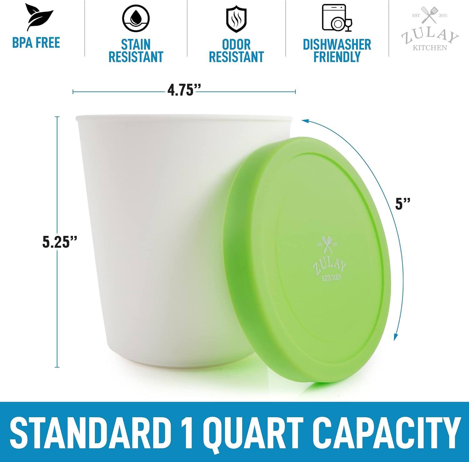 - BPA Free
- Stain Resistant
- Odor Resistant
- Dishwasher Friendly
- Standard 1 Quart Capacity
- Dimensions: 4.75" (height), 5" (diameter), 5.25" (with lid)