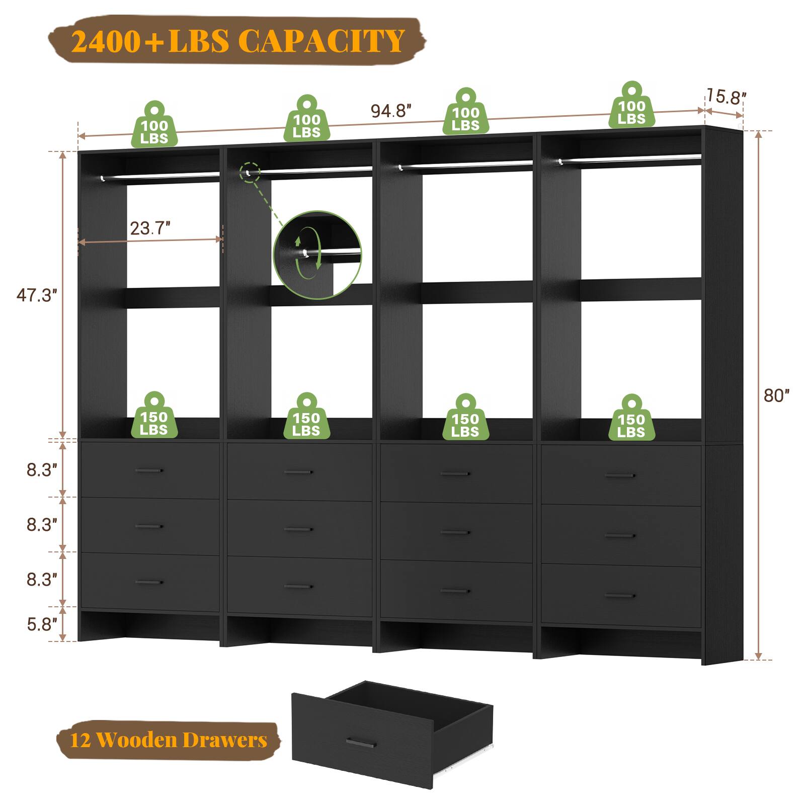 2400+ LBS CAPACITY

100 LBS 100 LBS 94.8" 100 LBS 100 LBS 15.8" 1 23.7" 47.3" 150 LBS 150 LBS 150 LBS 150 LBS 80" 8.3" 8.3" 8.3" 5.8" 12 Wooden Drawers