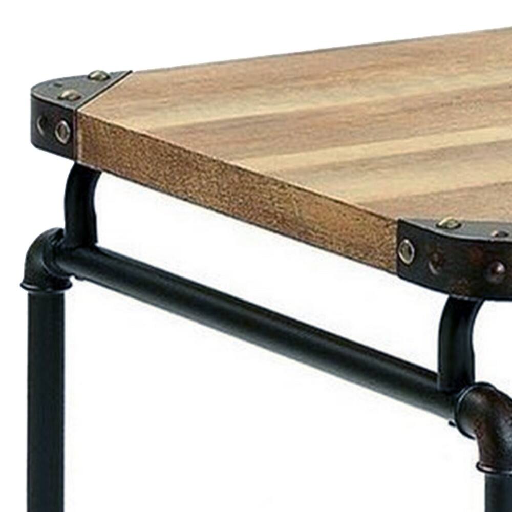 Angle. Manhattan Lane - 47 Inch Writing Desk, Industrial Caster Wheel, Black Metal, Brown Wood - Black, Brown.