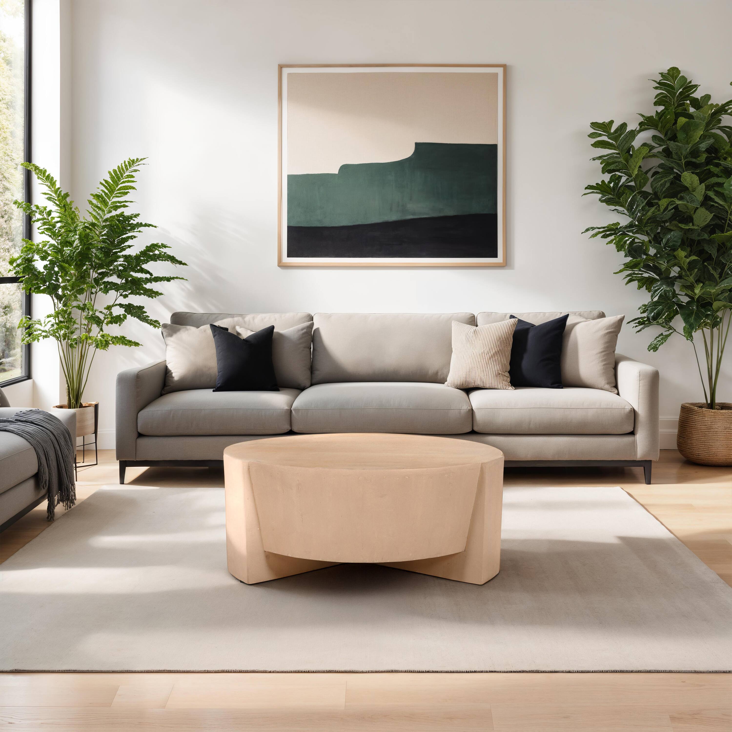 Alt View 9. Manhattan Lane - Joana Coffee Table, 35 Inch Round Drum Shape with 3 Legs, Sandblasted Mango Wood - Natural Brown.