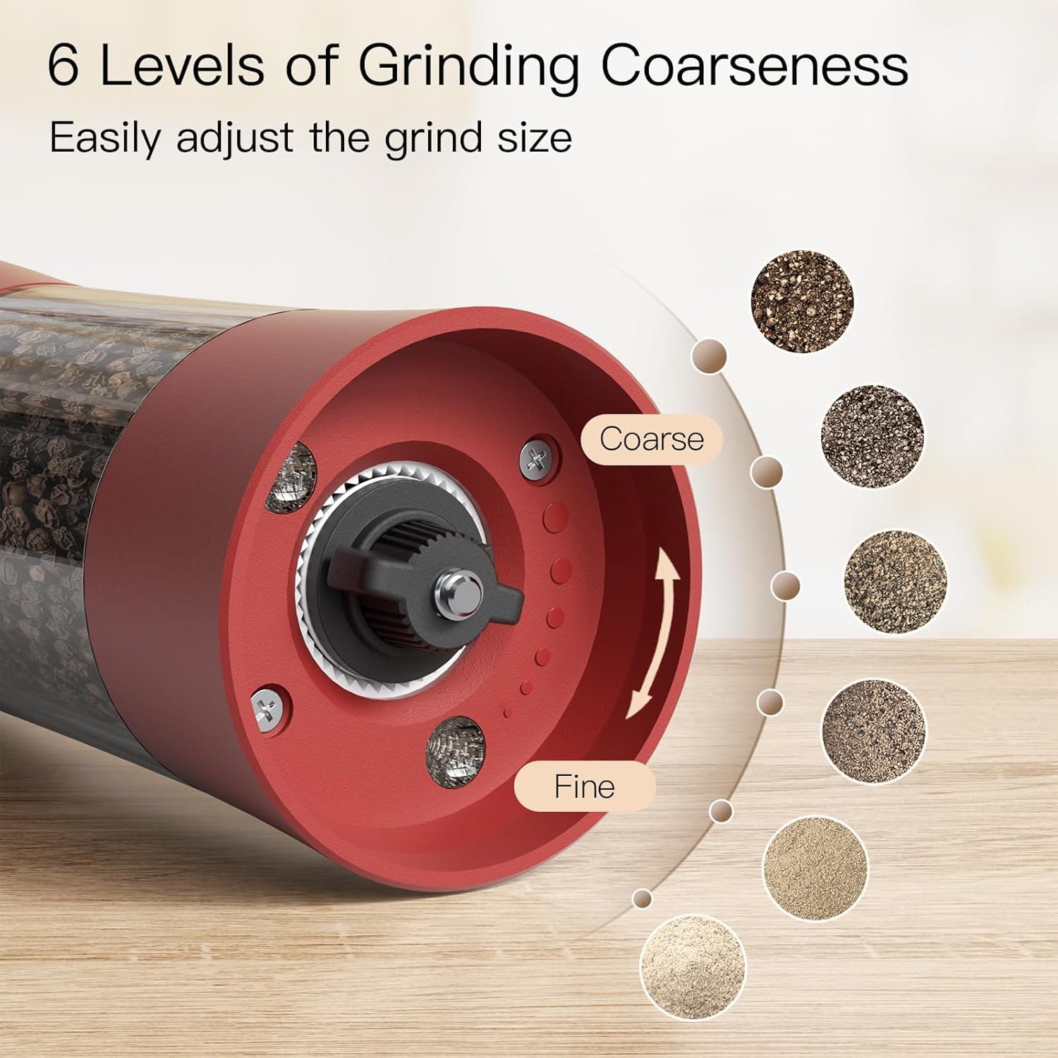 6 Levels of Grinding Coarseness  
Easily adjust the grind size  
Coarse  
Fine