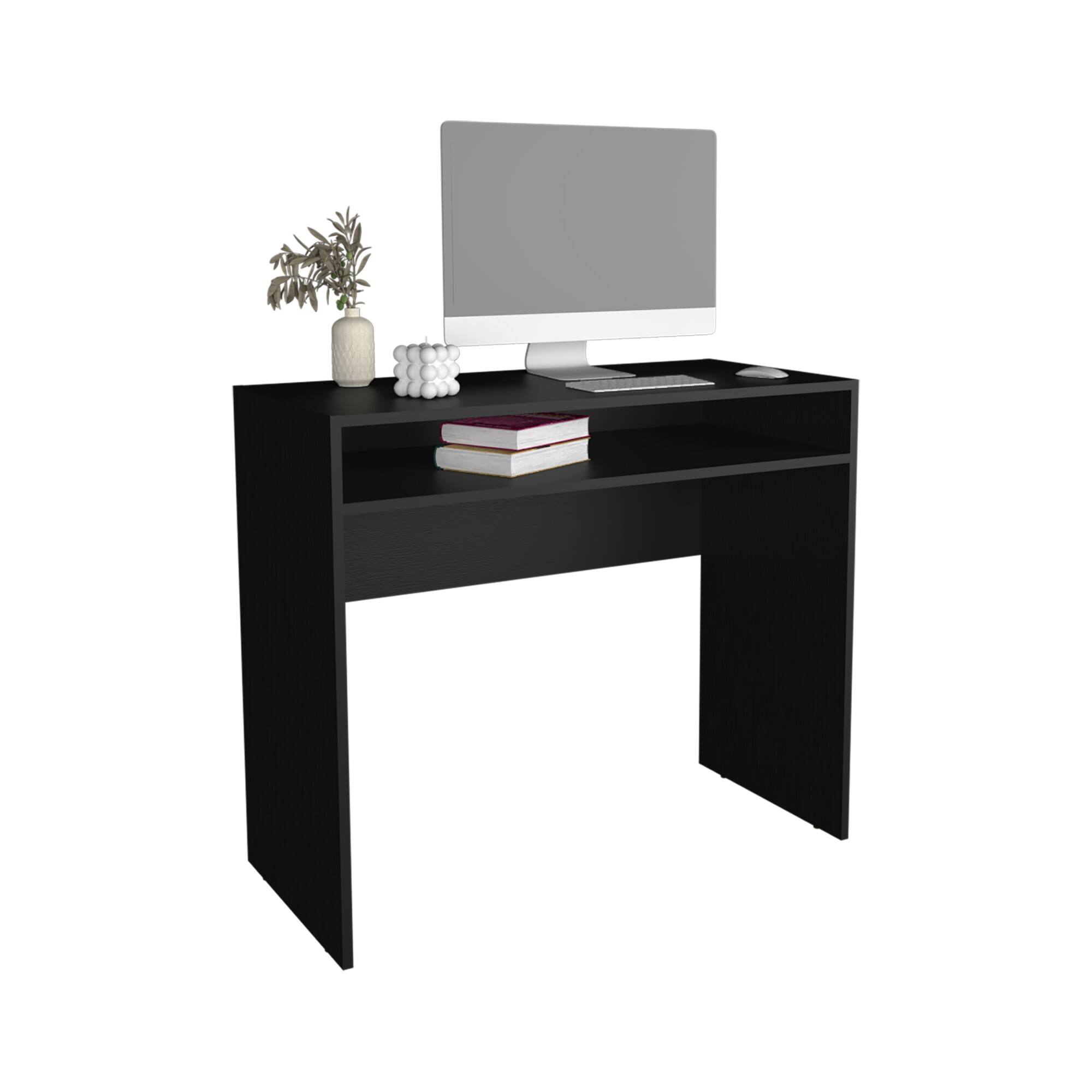 Front. Glintex - Compact Office Computer Desk with Storage Shelf, Durable Wood Build, Easy Assembly and Versatile Workspace - Black.