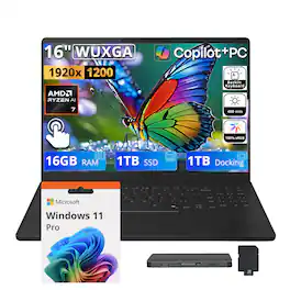 LG - Upgraded - Gram Book 16" WUXGA IPS Touch Laptop,Ryzen AI 7 445,16GB RAM,1TB SSD+1TB Dock Set,Backlit,Win 11 Pro - Titan Black