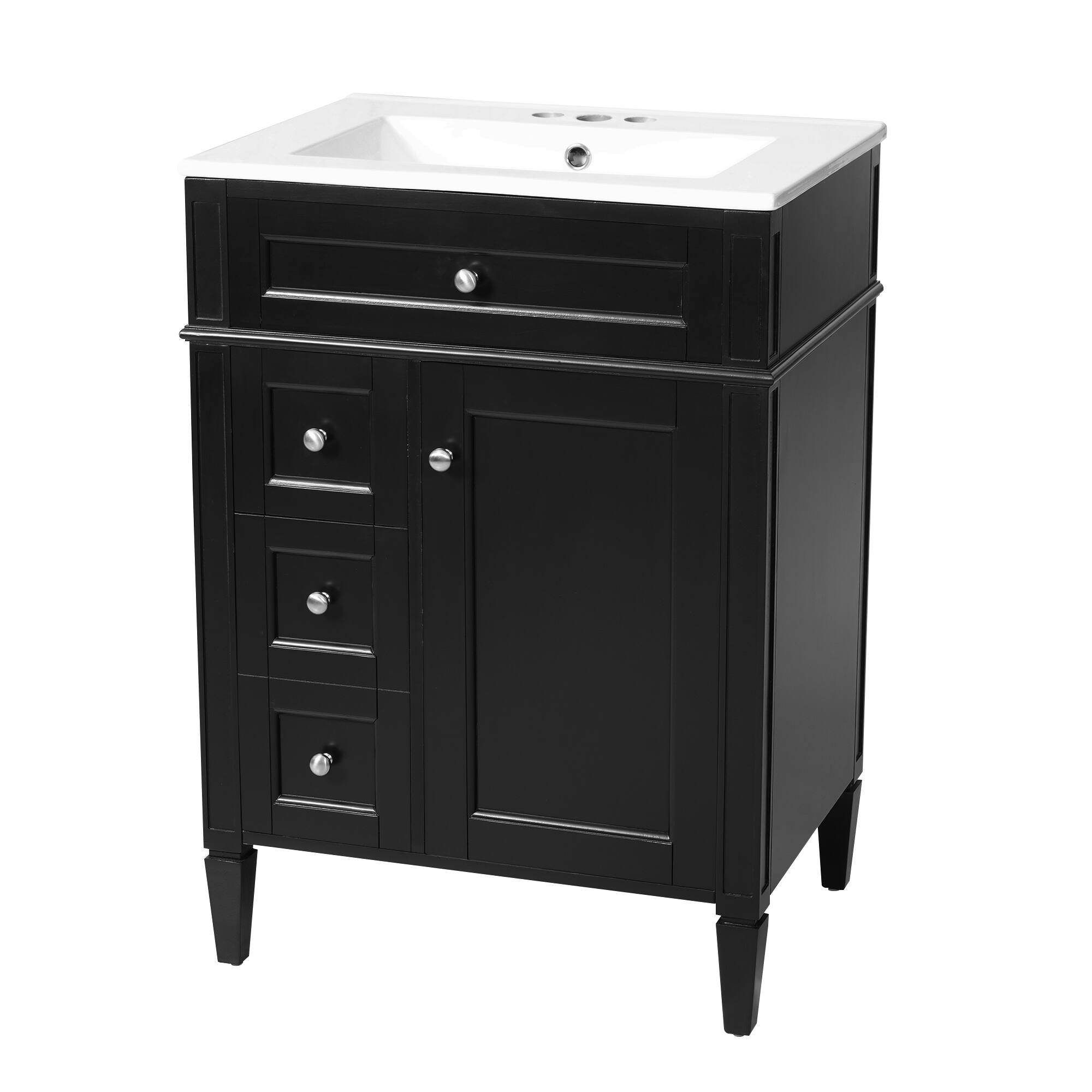 Left. Whisen - 24" Bathroom Vanity with Ceramic Sink Top and 3 Drawers Modern Single Sink Storage Cabinet - Black.