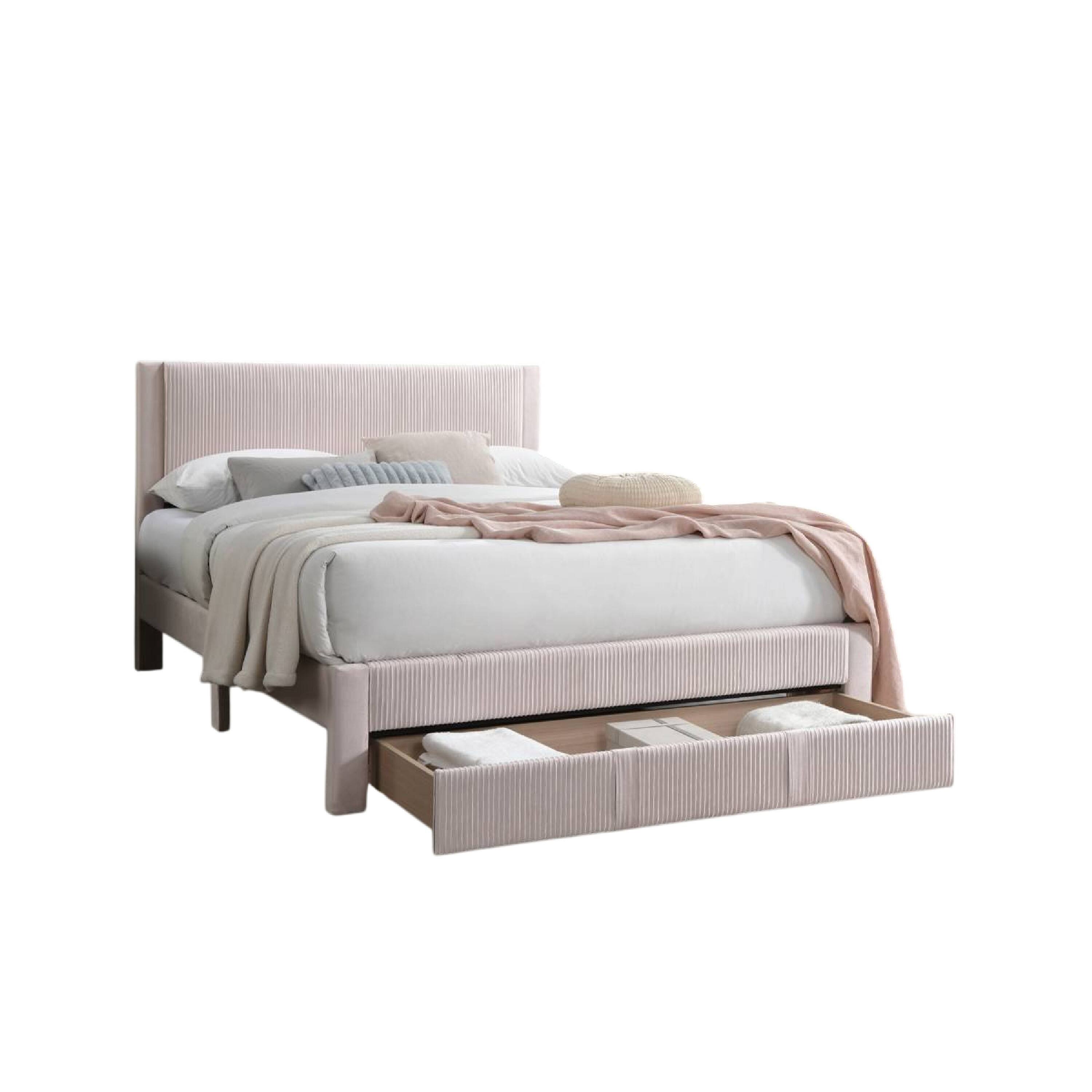 Alt View 3. Manhattan Lane - Peo Queen Size Bed w Storage Drawer, Light Pink Corduroy Upholstery - Light Pink.