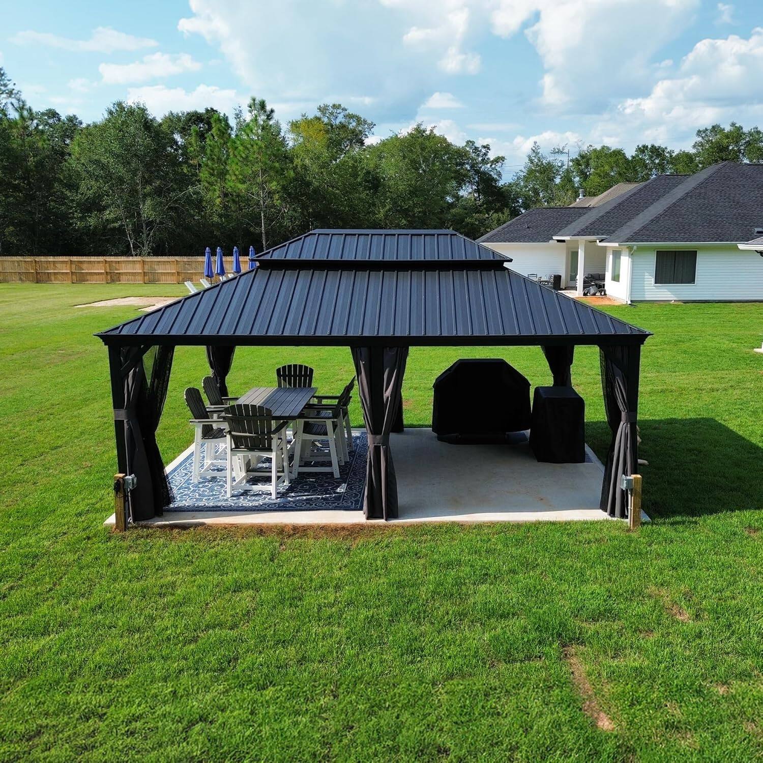 Back. PURPLE LEAF - 14' X 20' Permanent Hardtop Aluminum Gazebo with Double Roof for Patio Lawn and Garden, Curtains and Netting Included - 14' X 20'.