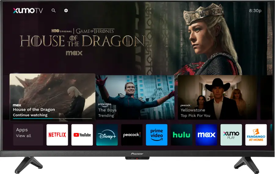 XUMOTV 8:30p HB ORIGINAL GAME OF THRONES OF HOUSE THE DRAGON max max House of the Dragon Continue watching prime video The Boys Trending peacock Yellowstone Top Pick For You Apps View all NETFLIX YouTube + peacock Disney+ prime video hulu max xumo F PLAY FANDANGO AT HOME Pioneer INPUT