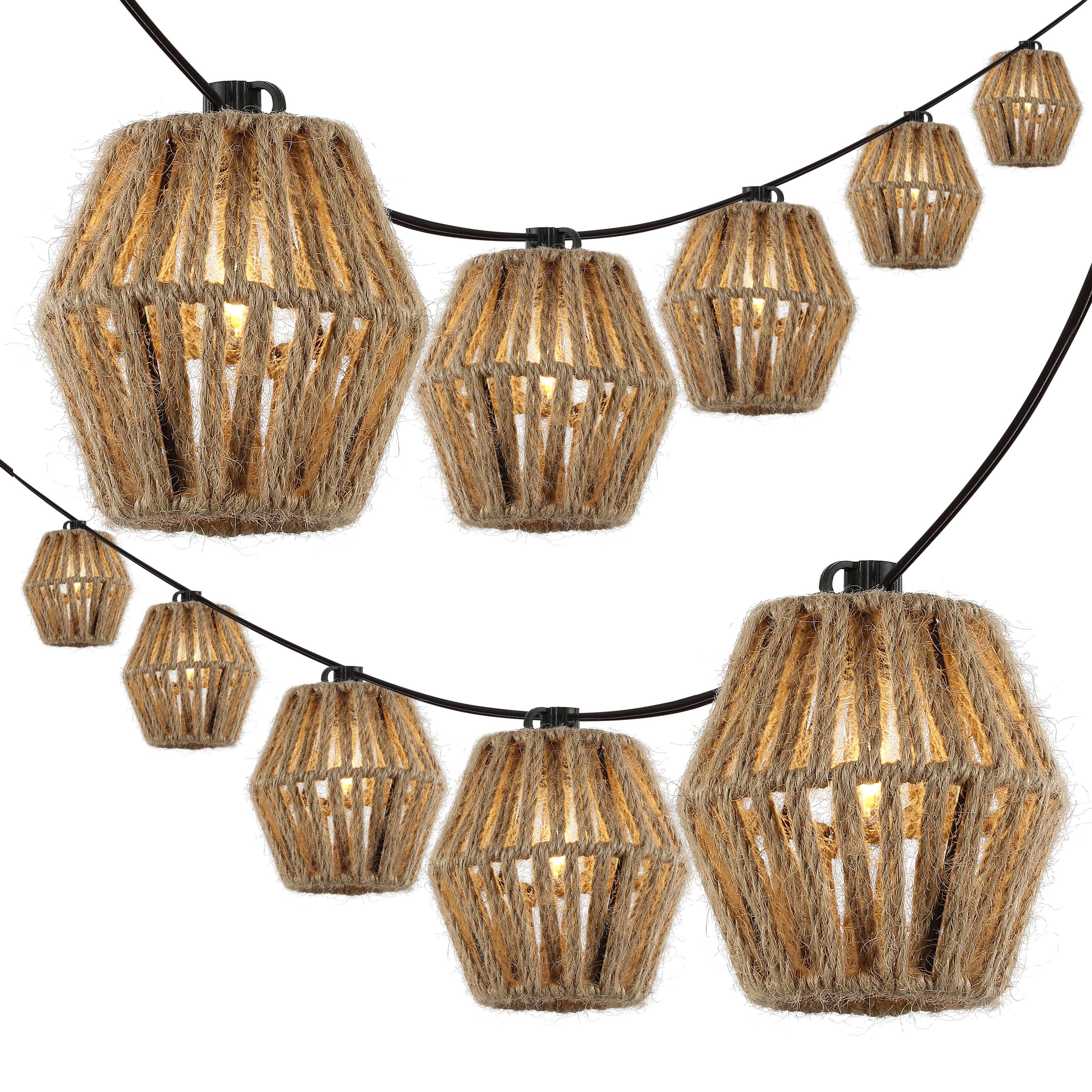 Front. Jonathan Y - Samara 10-Light Indoor/Outdoor 10 ft. Mid-Century Classic LED C7 Lantern Hemp Rope Shaded String Lights, Brown - Brown.