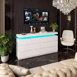 Dyonery - Modern 6-Drawer Dresser with Sliding Desktop & Power Outlet - Storage Cabinet with LED Lights - White