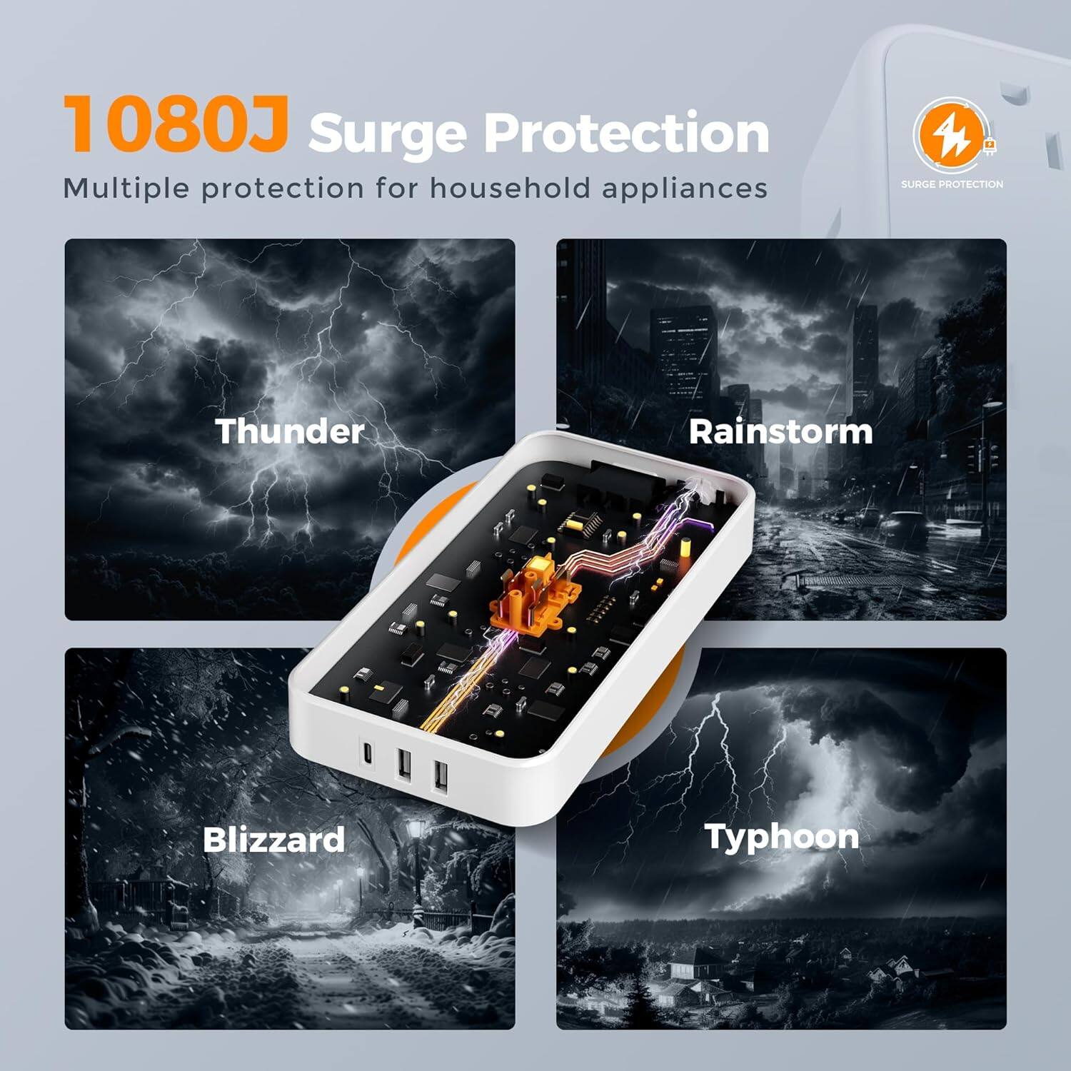 1080J Surge Protection  
Multiple protection for household appliances  

4 SURGE PROTECTION  
Thunder  
Rainstorm  
Blizzard  
Typhoon