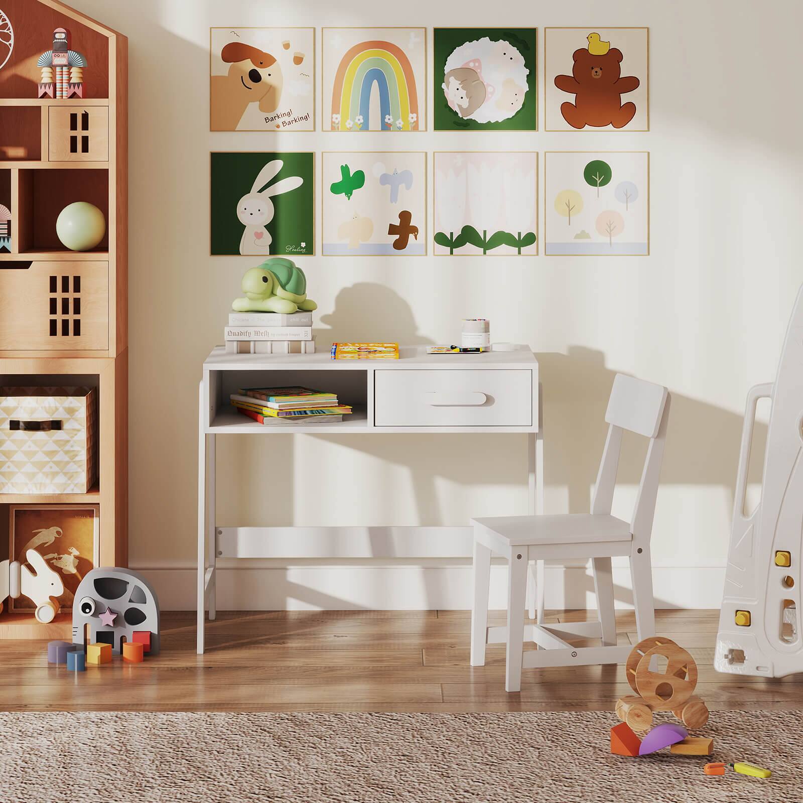 The image shows a child's room with a white desk and a white chair. There are several books on the desk, and a toy carousel is placed nearby. The room also features a play area with a toy carousel and a play table. The walls are adorned with children's artwork, and there is a teddy bear sitting on the floor. The room appears to be a cozy and inviting space for a child to play and learn.