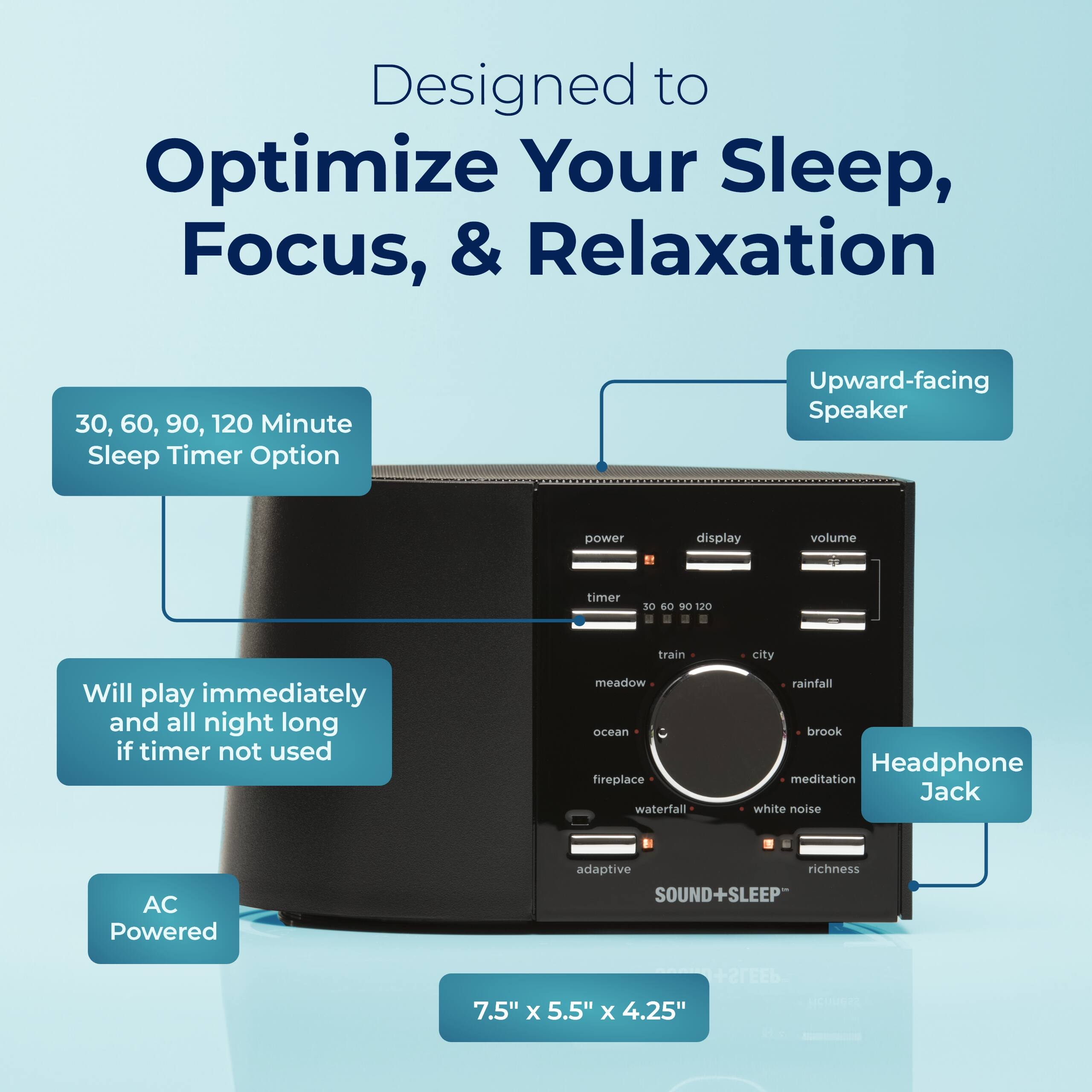 Designed to Optimize Your Sleep, Focus, & Relaxation

- 30, 60, 90, 120 Minute Sleep Timer Option
- Upward-facing Speaker
- Will play immediately and all night long if timer not used
- AC Powered
- Headphone Jack
- 7.5" x 5.5" x 4.25"

Features:
- Power display
- Volume
- Timer (30, 60, 90, 120)
- Train, City, Meadow, Ocean, Fireplace, Waterfall, Rainfall, Brook, Meditation, White Noise
- Adaptive Richness
- Sound+Sleeep™