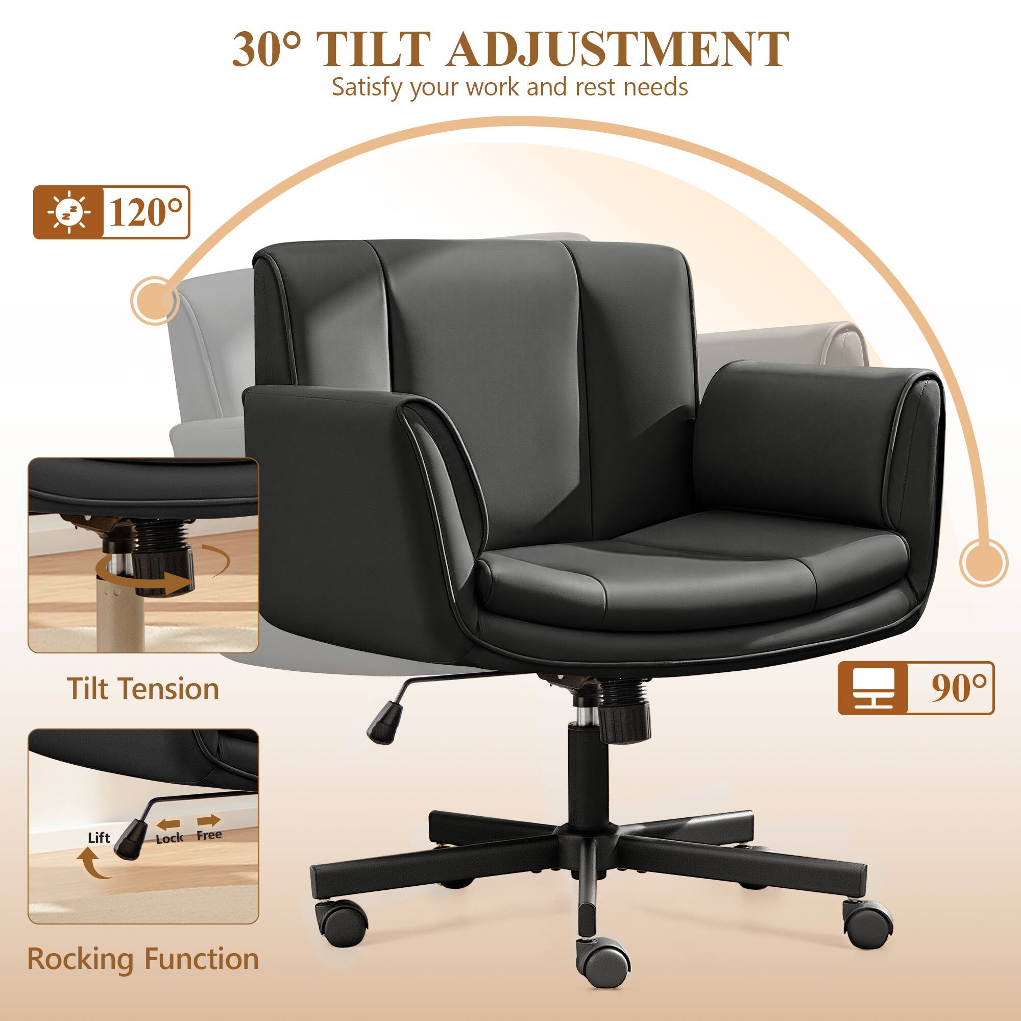 30° TILT ADJUSTMENT  
Satisfy your work and rest needs  

120° Tilt Tension  
90° Lift Lock Free Rocking Function