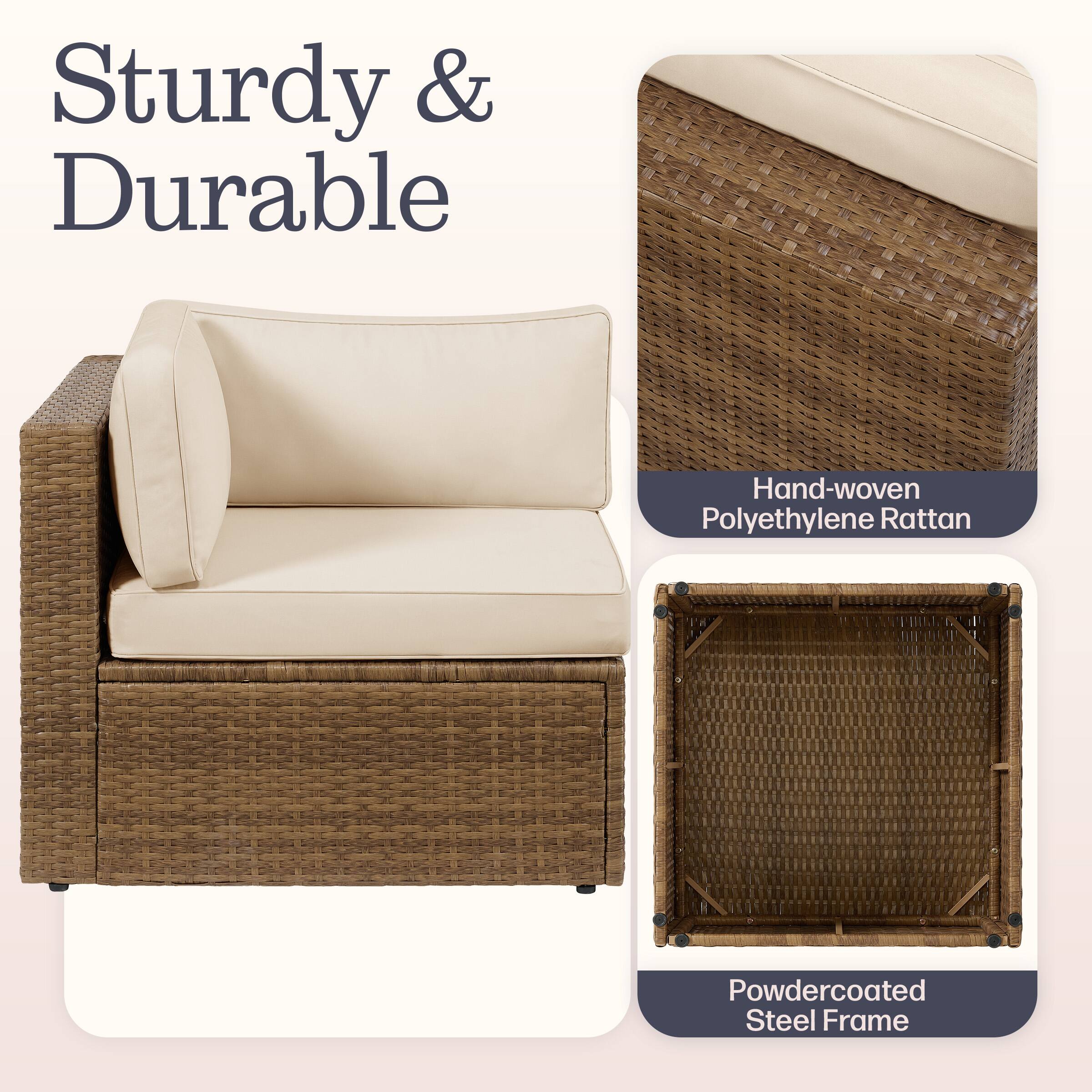 Sturdy & Durable

Hand-woven Polyethylene Rattan

Powdercoated Steel Frame
